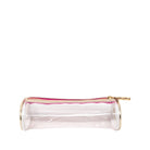 A clear cylindrical zippered pouch with gold-toned metal trim and a pink zipper accent, shown on a plain white background.