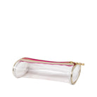 A clear cylindrical zippered pouch with a vibrant pink interior lining and gold-tone metal trim and zipper pull, shown on a plain white background.