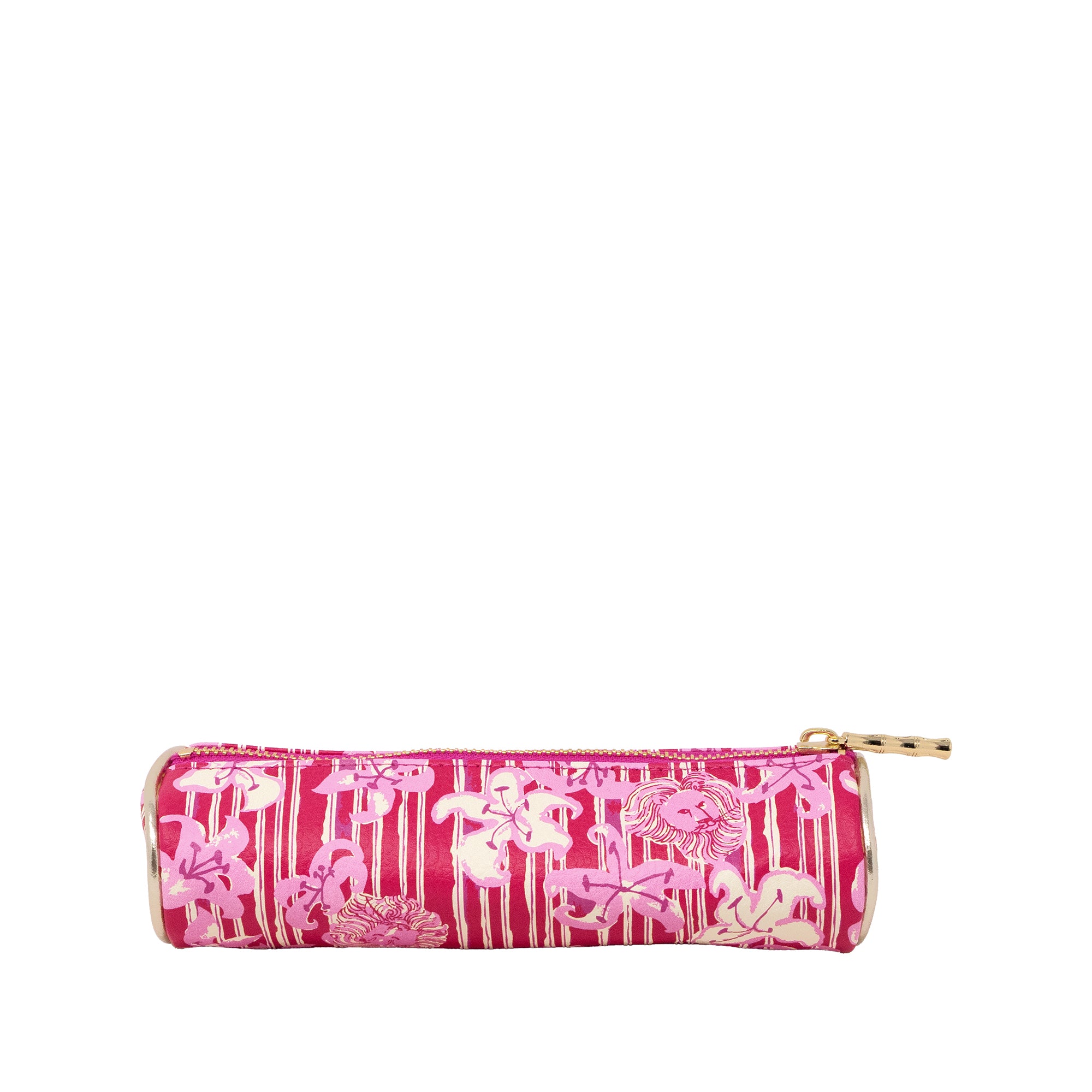 A pink cylindrical zipper pouch with a white floral and butterfly pattern, featuring a gold-tone zipper pull, shown against a plain white background.