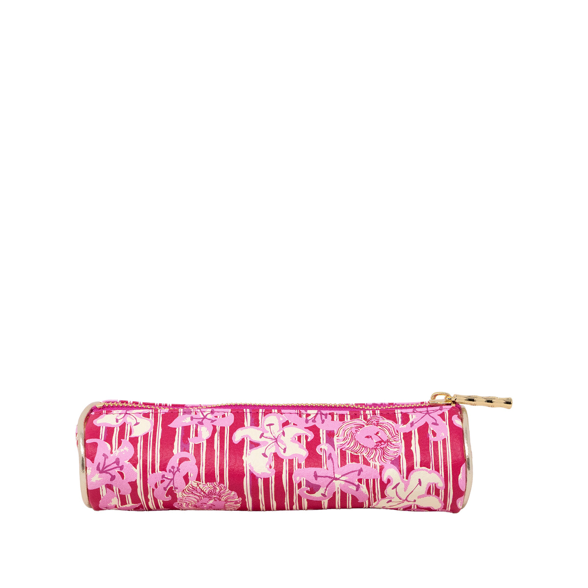 A pink cylindrical zipper pouch with a white floral and butterfly pattern, featuring a gold-tone zipper pull, shown against a plain white background.