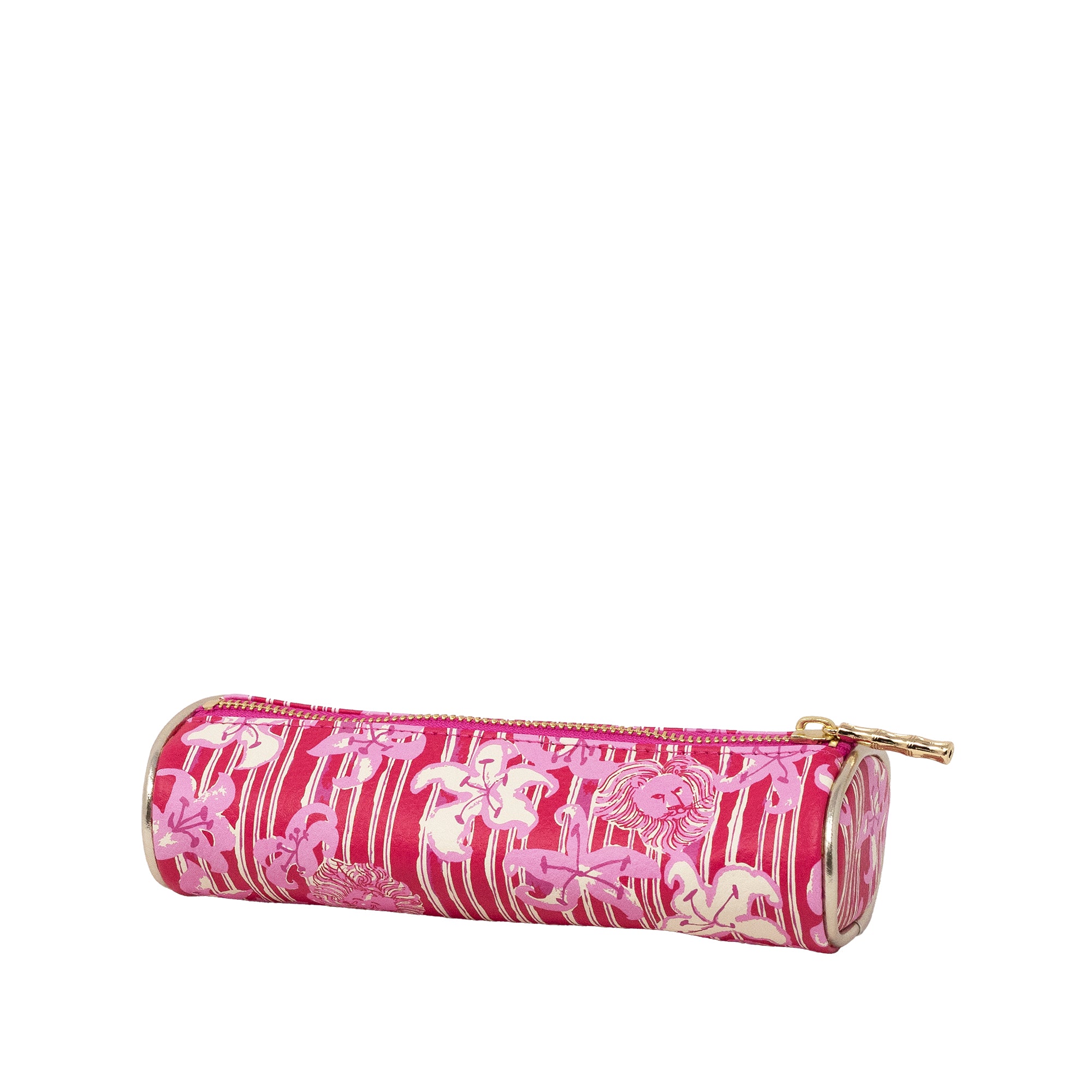 A pink cylindrical zippered pouch with a white floral and striped pattern, featuring a gold zipper pull, shown against a plain white background.