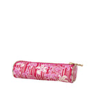 A pink cylindrical zippered pouch with a white floral and striped pattern, featuring a gold zipper pull, shown against a plain white background.