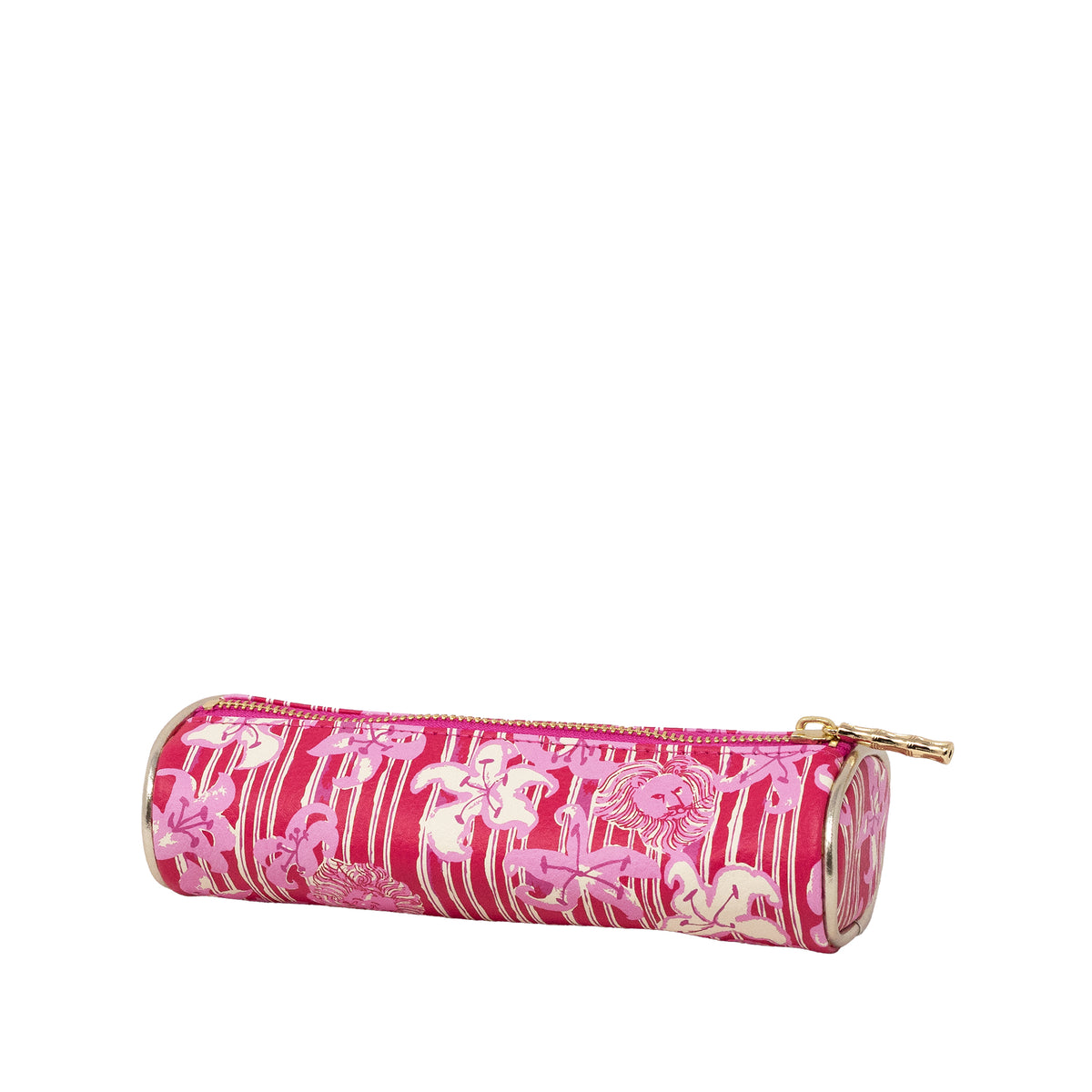 A pink cylindrical zippered pouch with a white floral and striped pattern, featuring a gold zipper pull, shown against a plain white background.