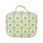 A rectangular zippered bag with a green and white palm tree pattern, pink trim, and a top handle, shown on a plain white background.