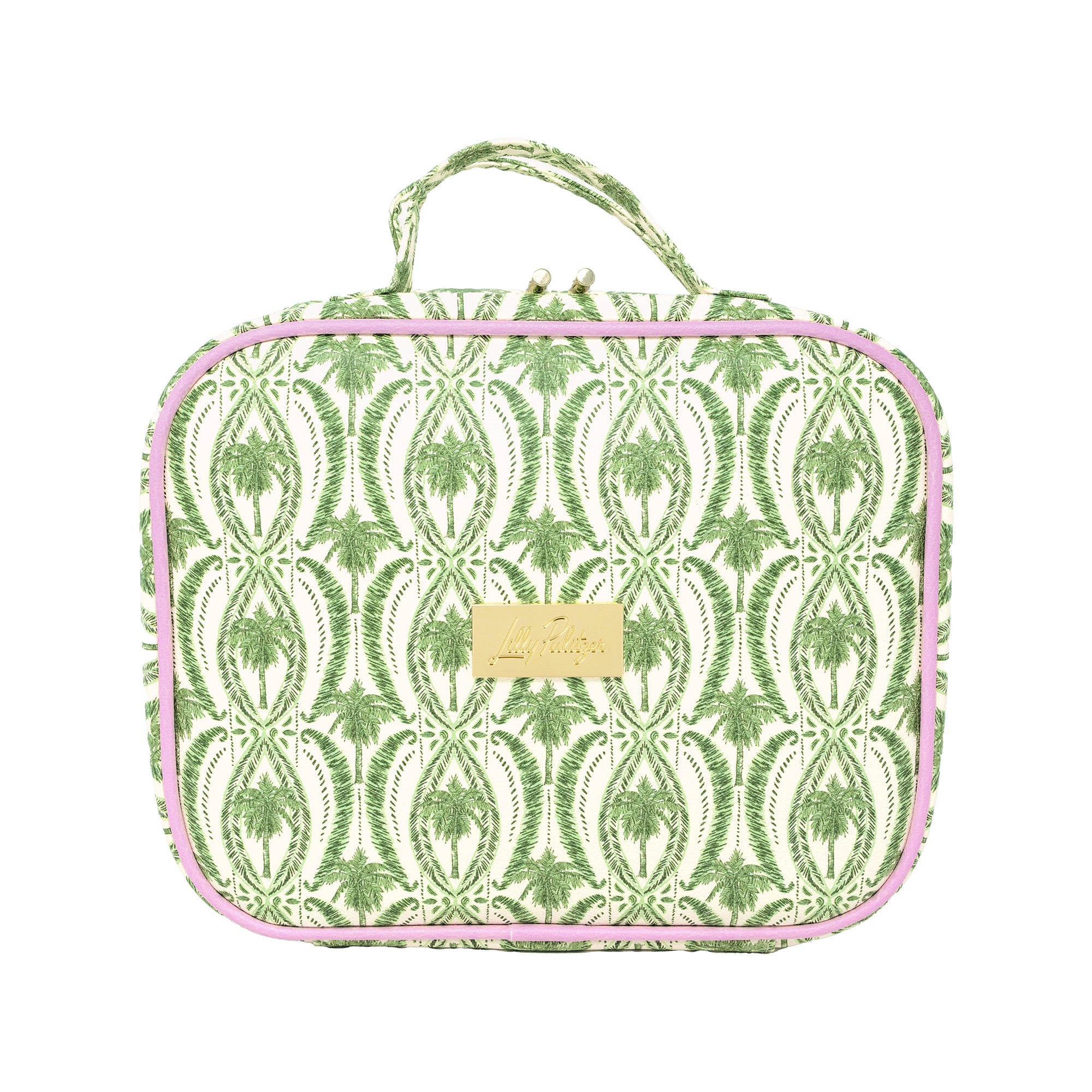 A rectangular zippered bag with a green and white palm tree pattern, pink trim, and a top handle, shown on a plain white background.