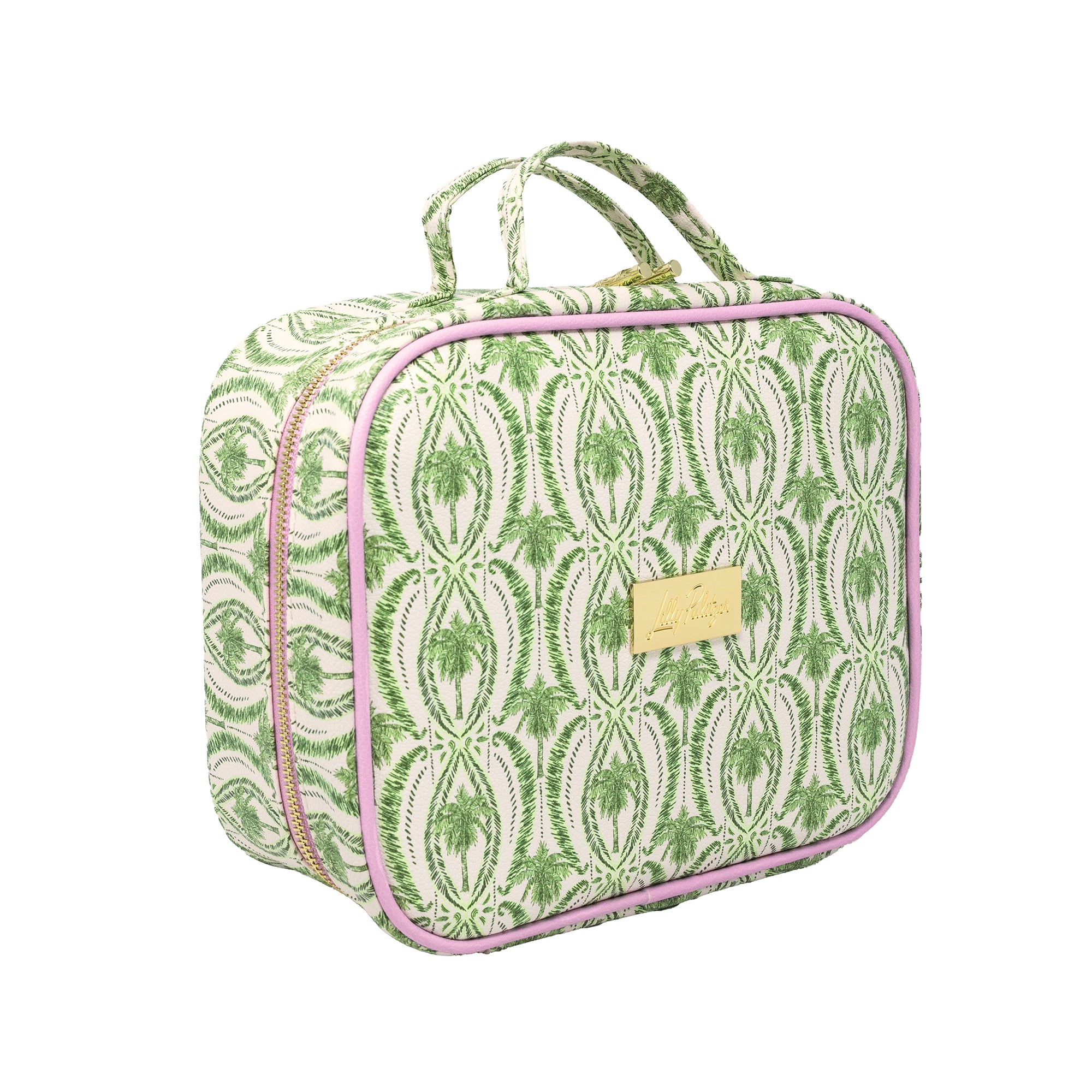 A rectangular zippered bag with a green and white palm tree pattern, pink piping, and a small gold brand plaque on the front, set against a plain white background.