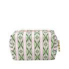 A rectangular cosmetic pouch with a green and pink geometric tribal pattern, featuring a gold-tone zipper pull on the right side, set against a plain white background.