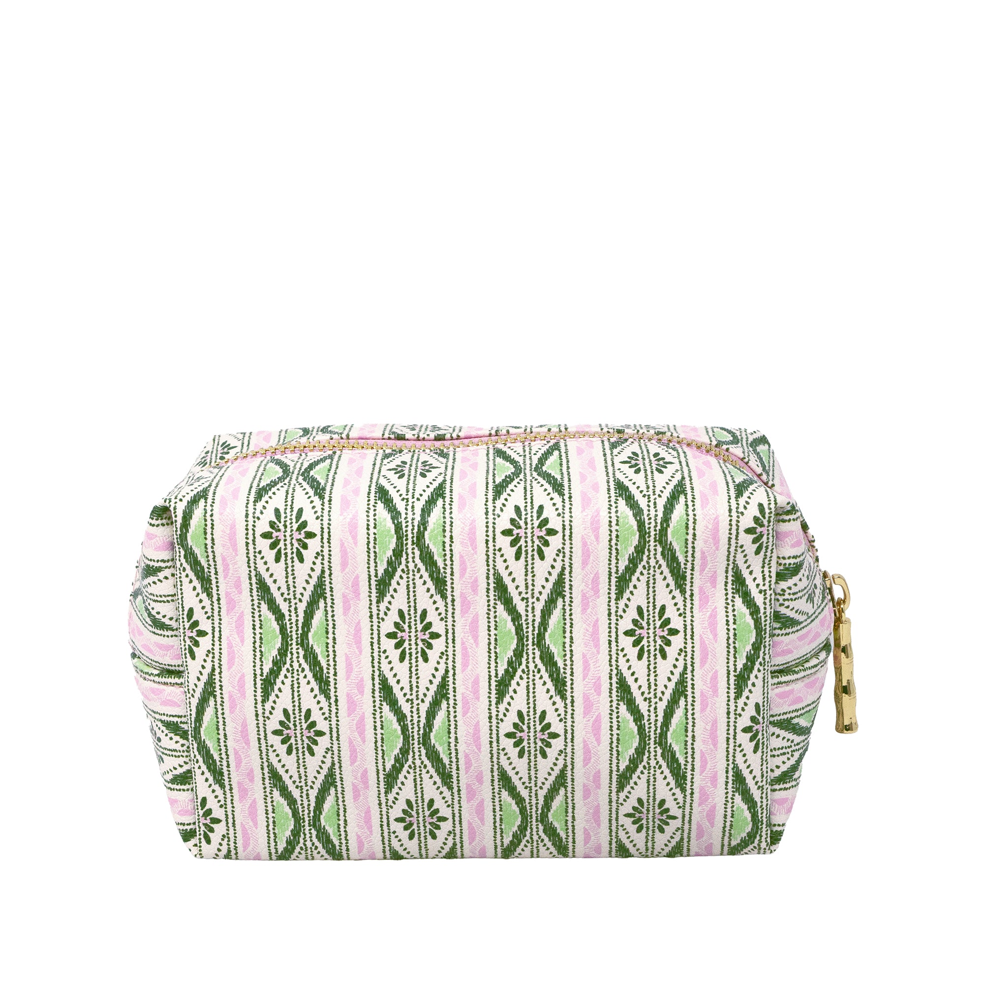 A rectangular cosmetic pouch with a green and pink geometric tribal pattern, featuring a gold-tone zipper pull on the right side, set against a plain white background.