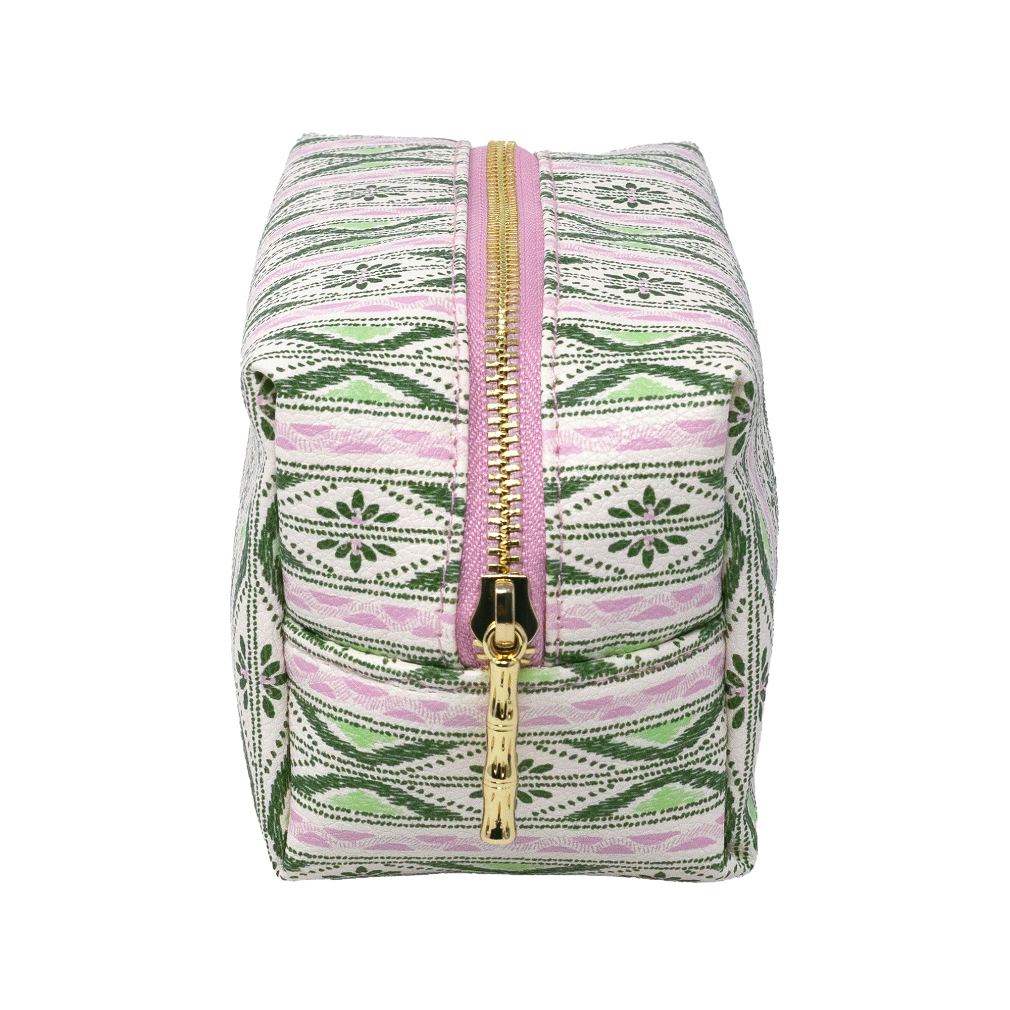 A square cosmetic pouch featuring a pink, green, and white geometric pattern, with a gold zipper and a pink pull tab, shown against a plain white background.