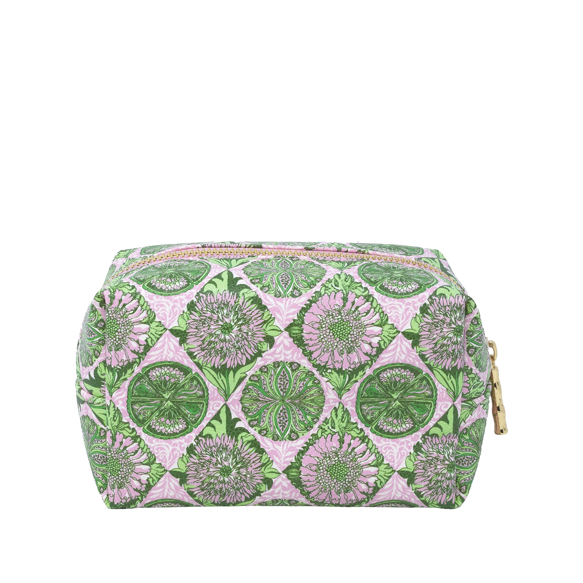 A rectangular cosmetic pouch with a green and pink floral pattern, featuring a gold zipper pull on the right side, set against a plain white background.
