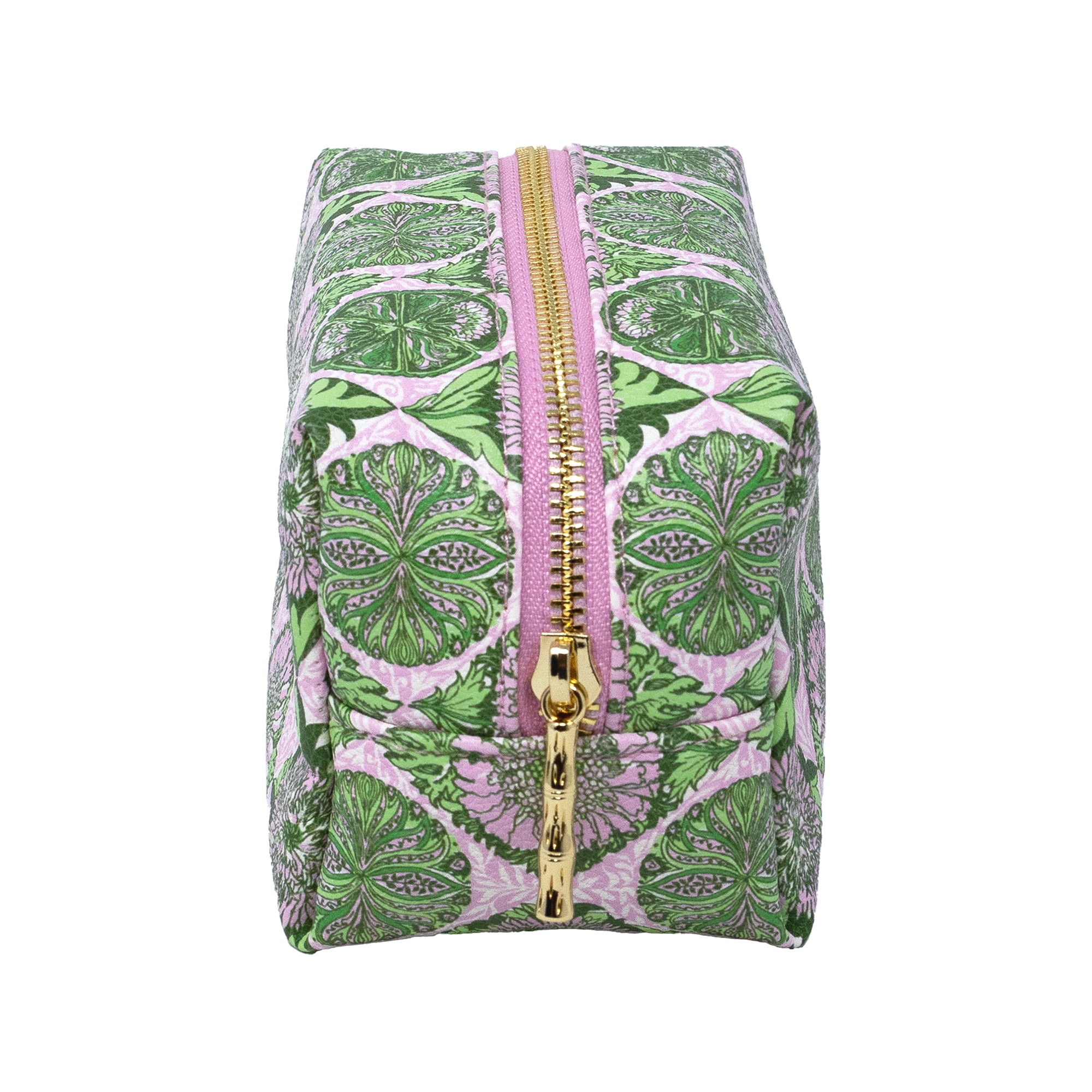 A rectangular zippered pouch featuring a green and pink botanical paisley pattern, with a gold-tone zipper and pull.