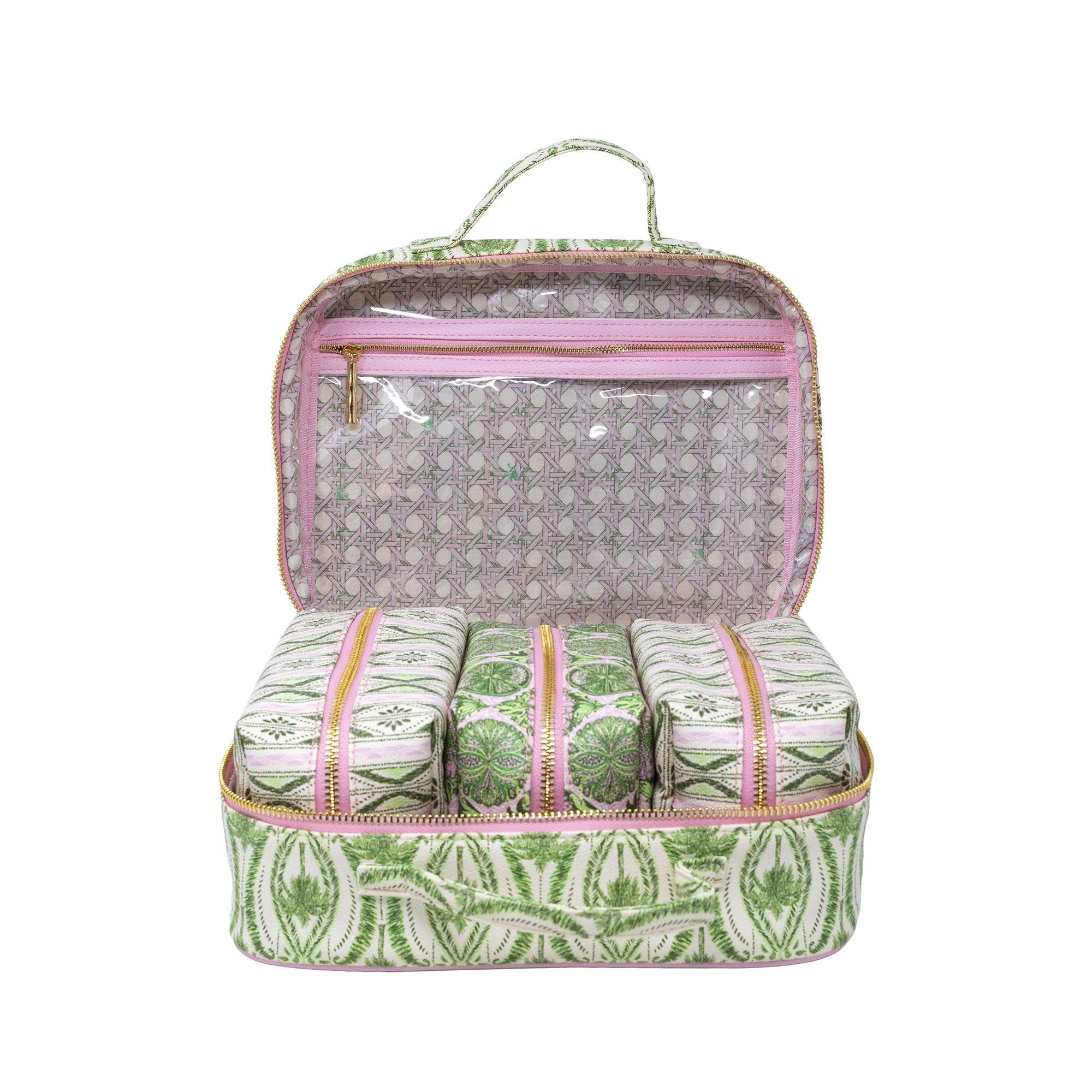 An open green and white patterned travel organizer bag with pink trim, containing four matching zippered pouches, shown on a white background.
