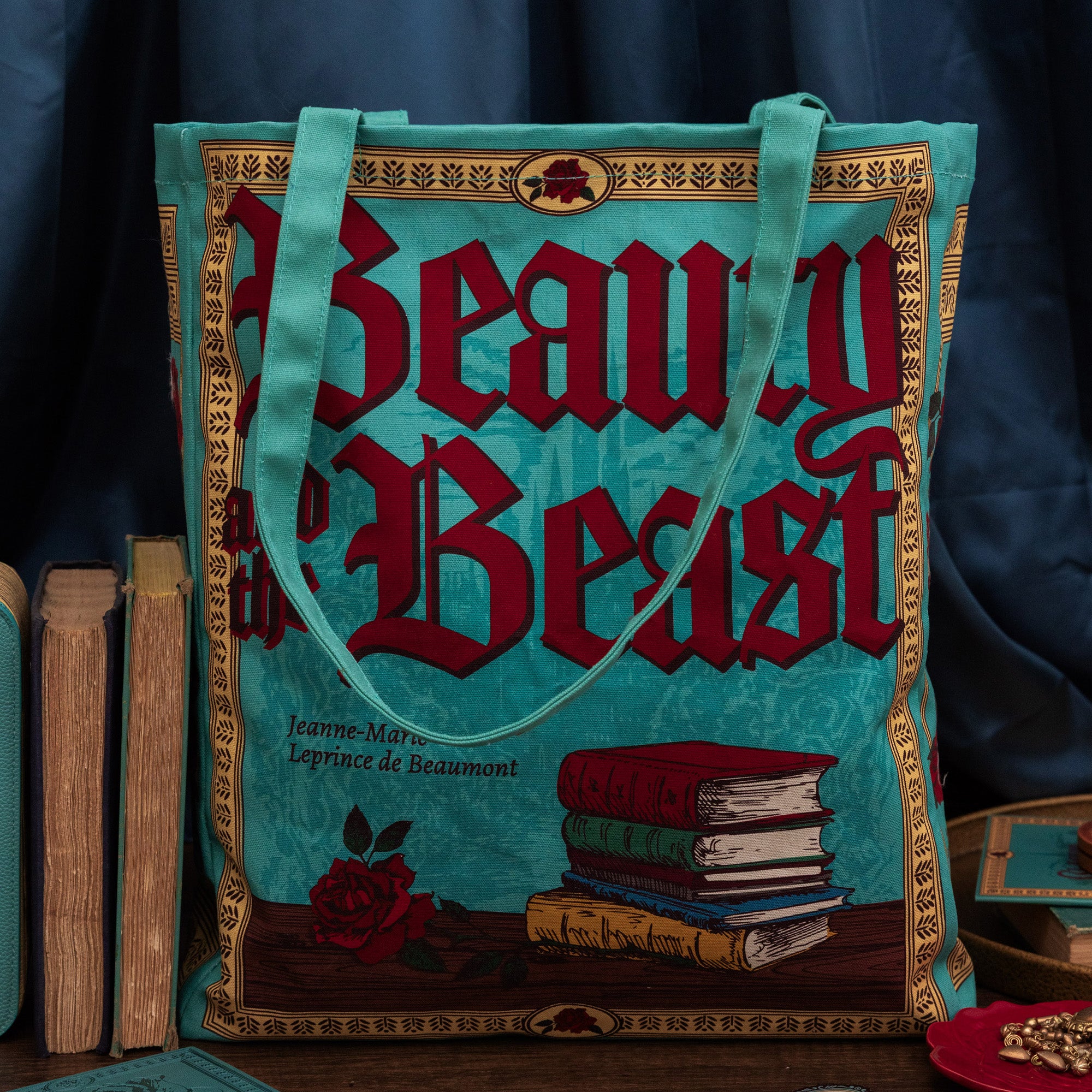 teal beauty and the beast 'book cover' tote bag