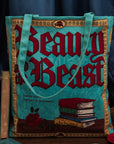 teal beauty and the beast 'book cover' tote bag