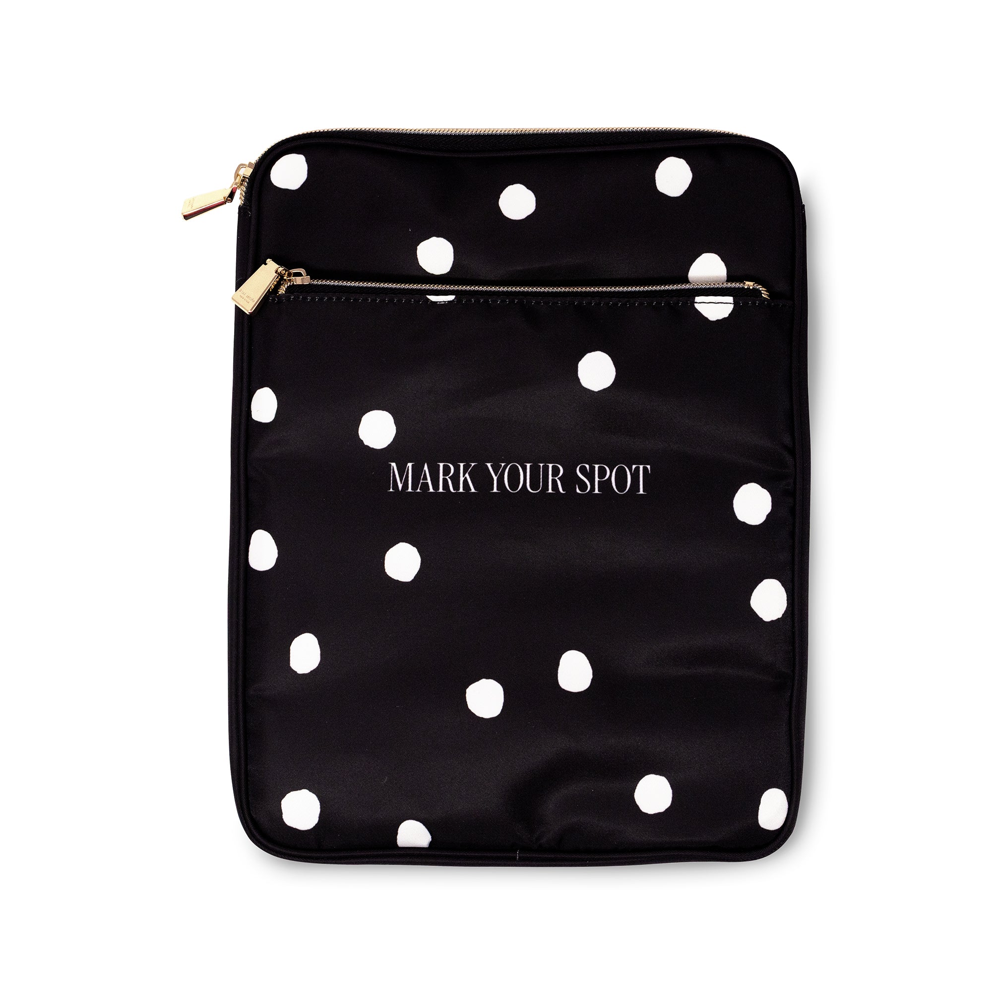 black travel book pouch with white polka dots and 'MARK THE SPOT' on the front