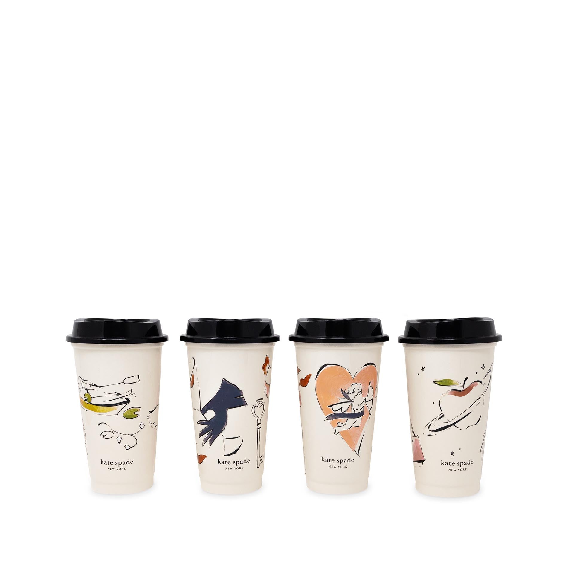 Four kate spade travel mugs with black lids on a white background