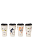 Four kate spade travel mugs with black lids on a white background