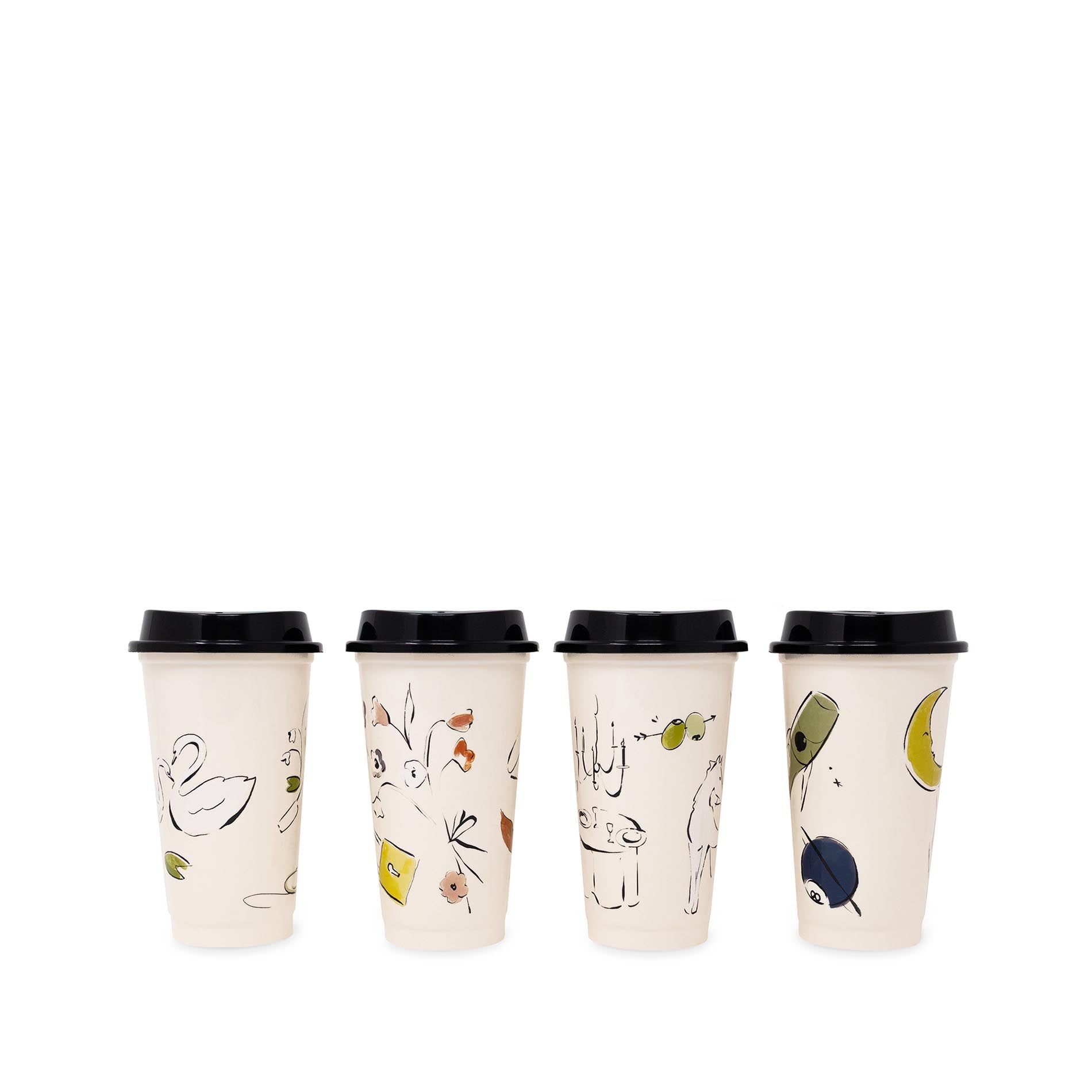 Set of four tumblers with black lids on a white background