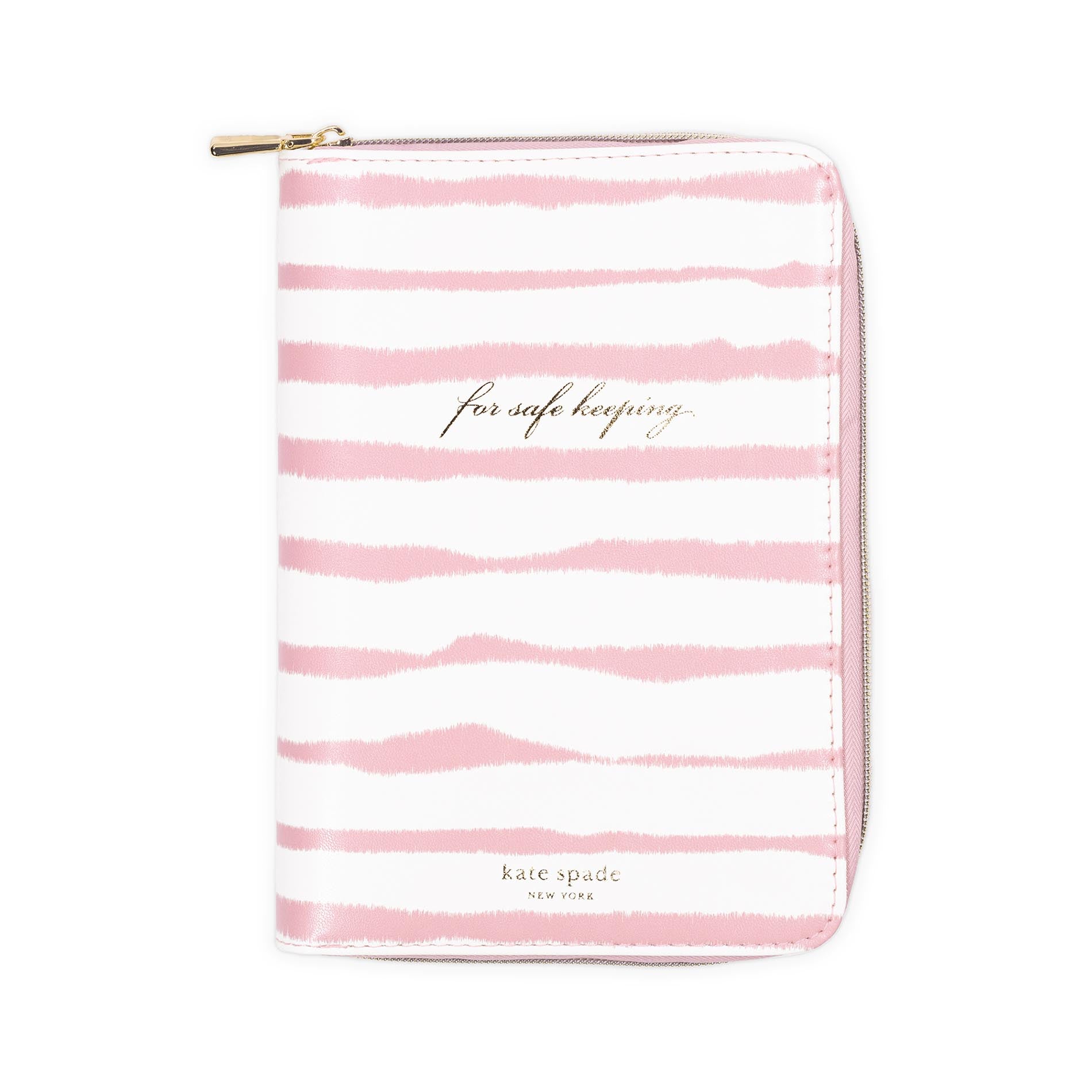 Pink and white striped pouch with 'kate spade new york' branding on a white background