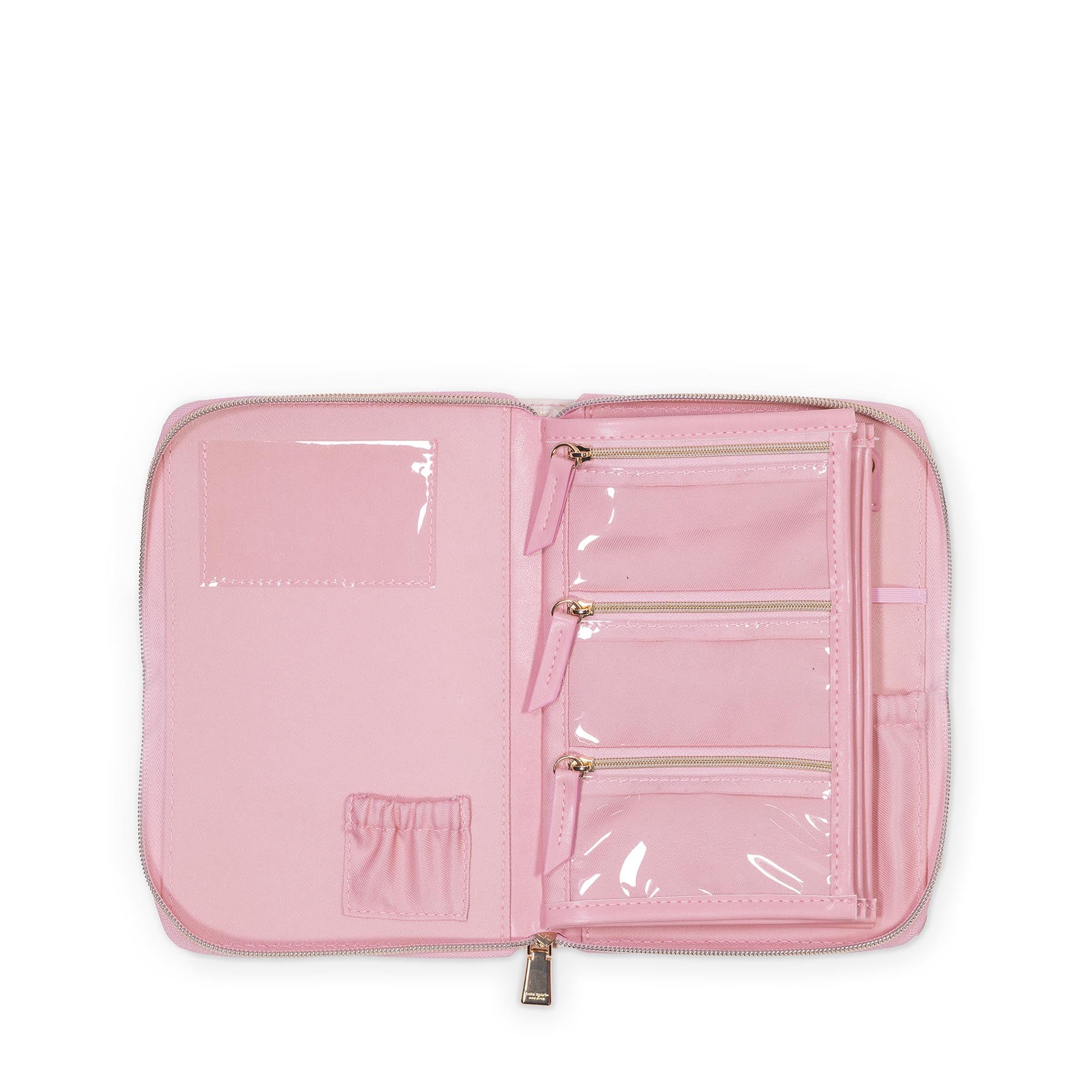 Pink travel organizer with clear compartments on a white background
