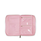Pink travel organizer with clear front pocket on a white background