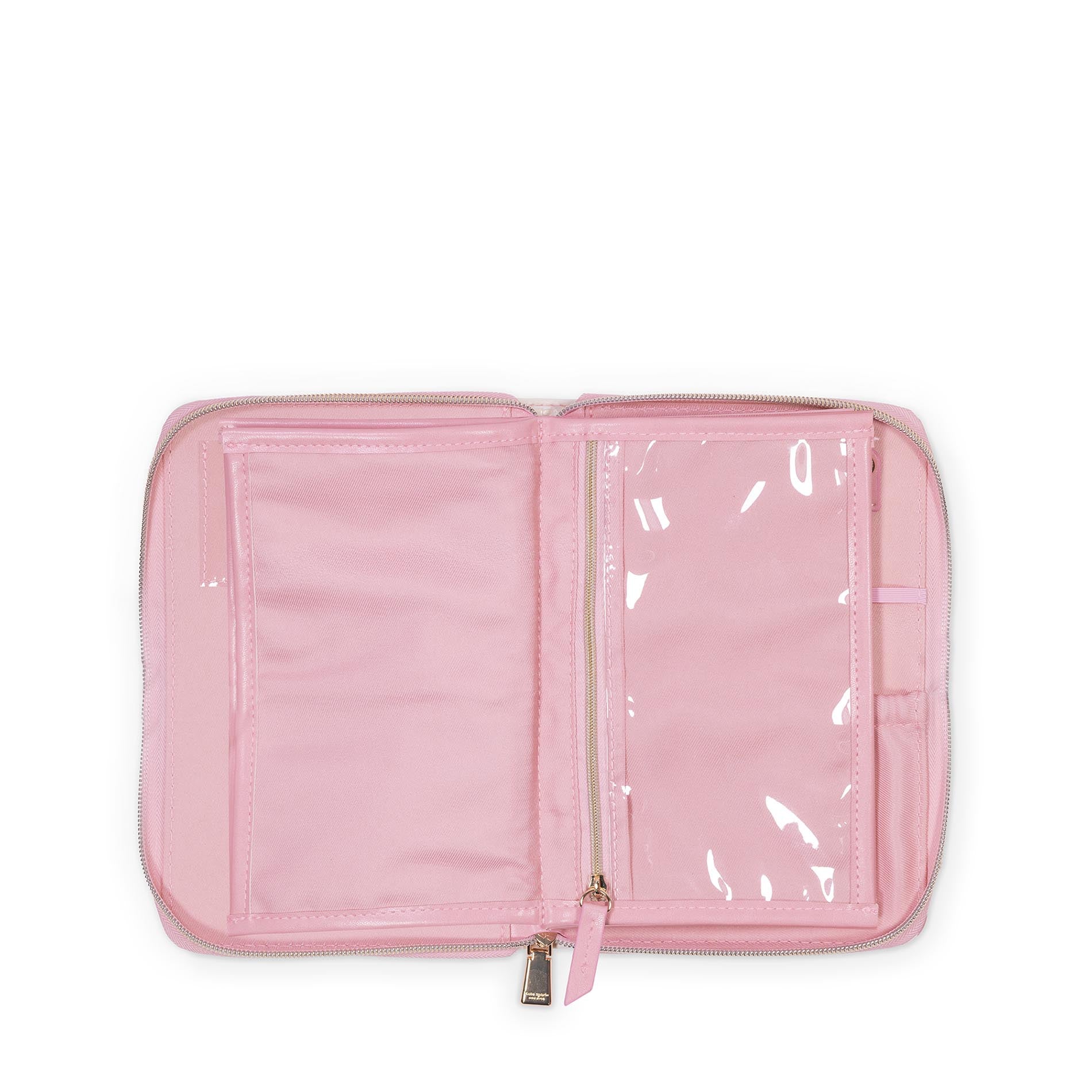 Pink travel organizer with a clear front panel on a white background