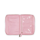Pink travel organizer with a clear front panel on a white background