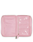 Pink travel organizer with a clear front panel on a white background
