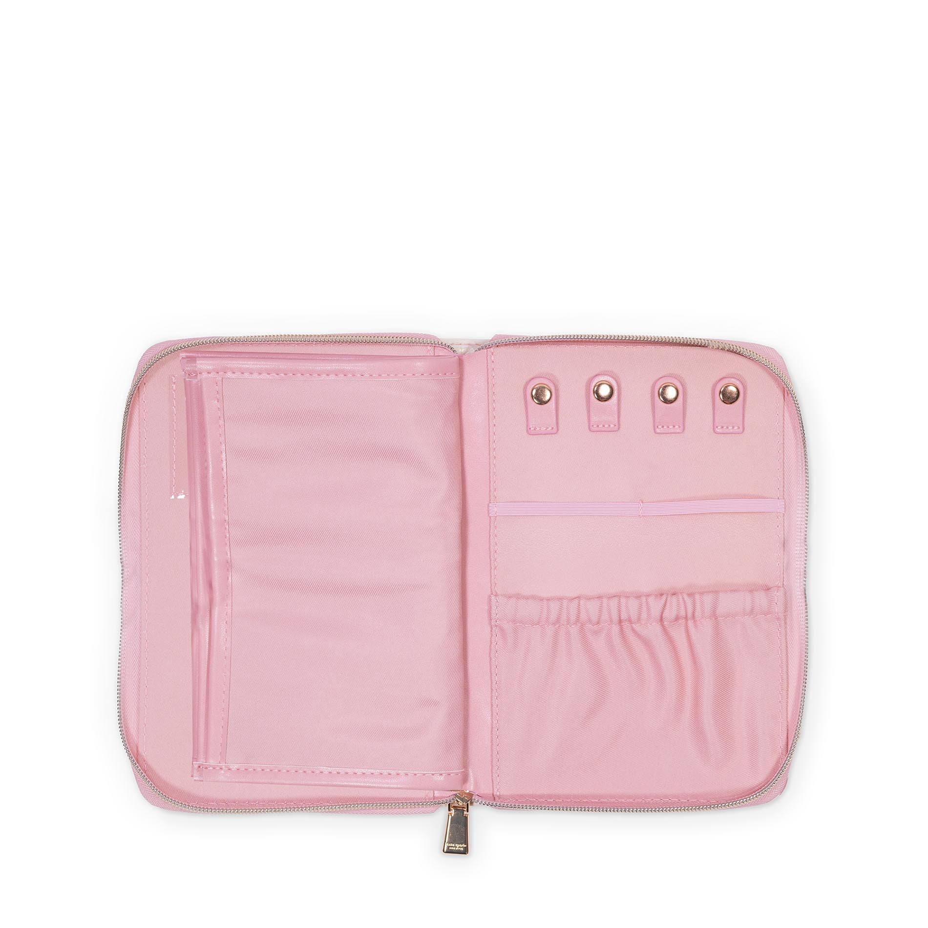 Pink travel organizer with multiple compartments on a white background