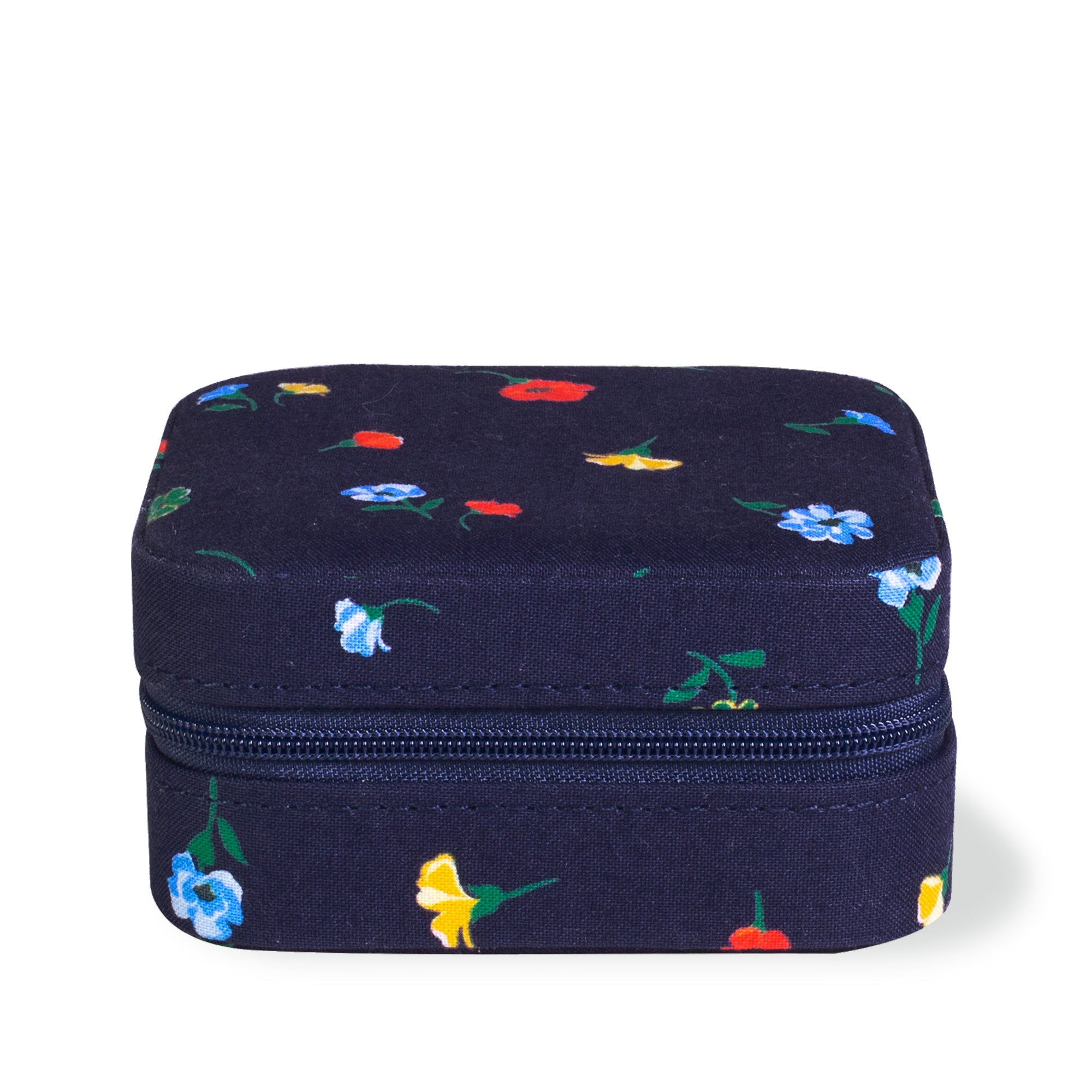 Navy blue case with colorful floral pattern on a white background