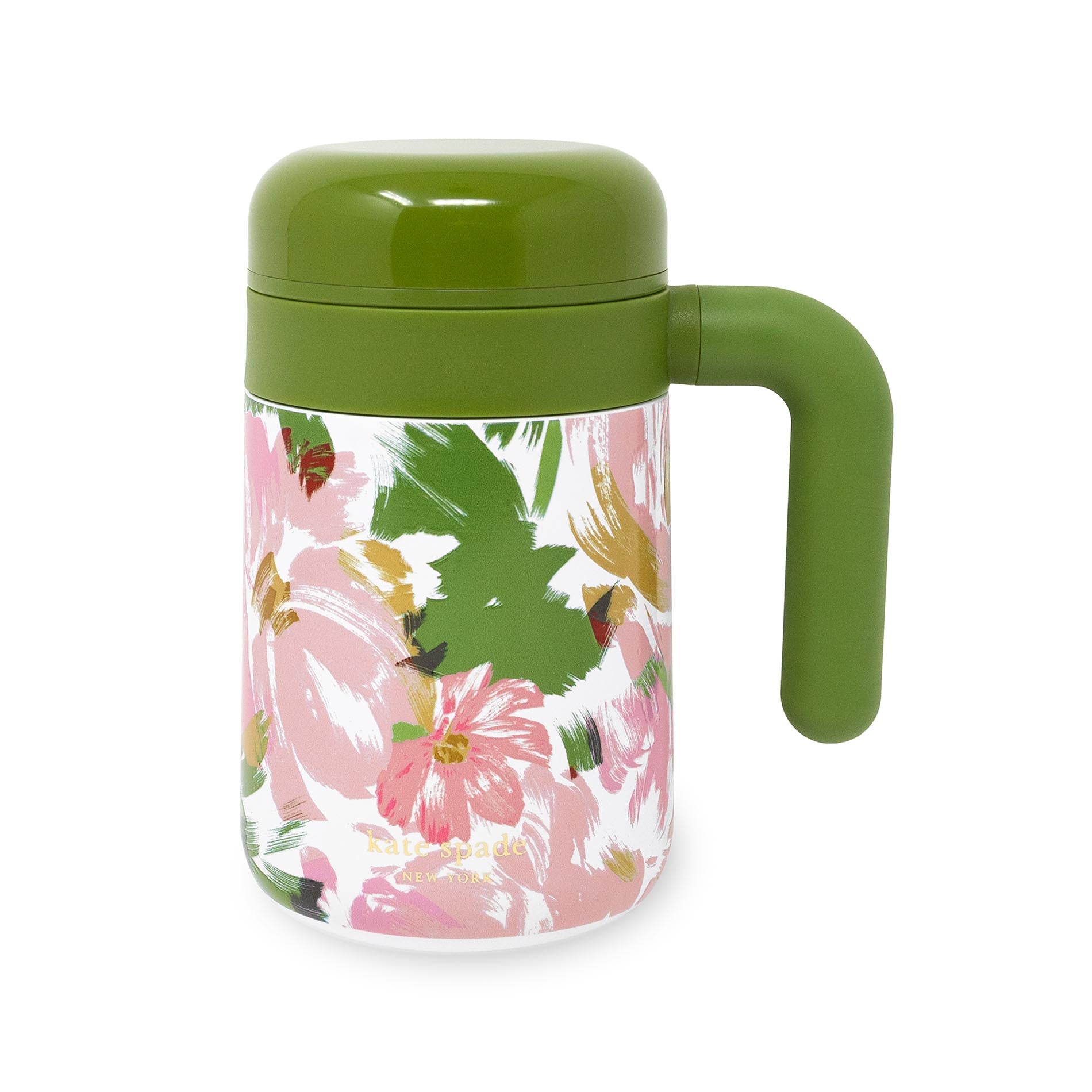 Floral mug with green lid and handle on a white background