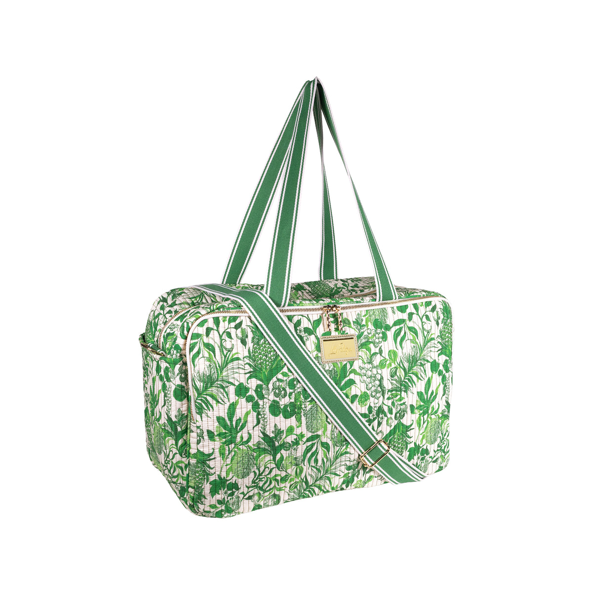 A green and white botanical print duffel bag with green and white striped handles and a matching diagonal shoulder strap, featuring a small gold-tone metal plaque on the front.