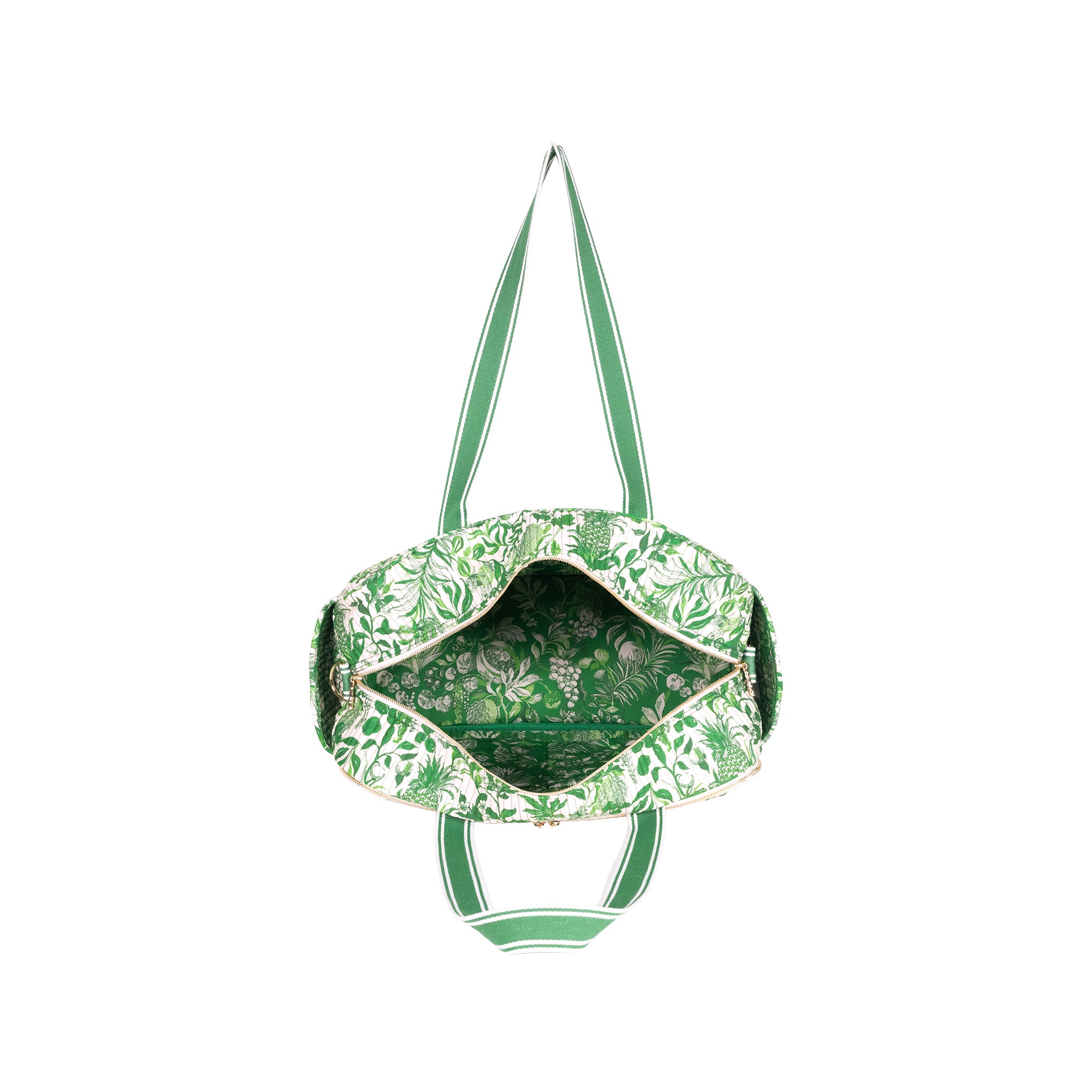 A green and white patterned duffel bag shown from a top-down view, with its interior and shoulder straps visible against a plain white background.