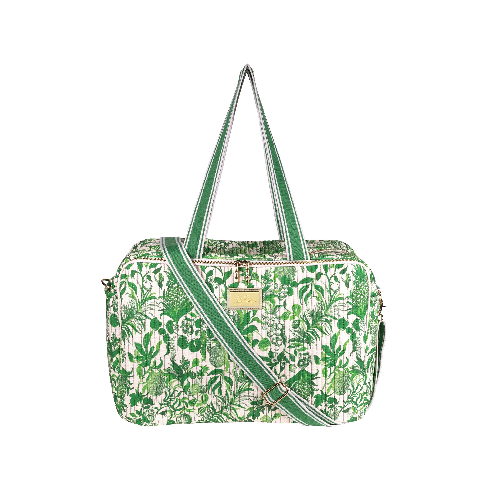 A green and white botanical print duffel bag with green and white striped handles and a matching diagonal shoulder strap, featuring a gold-tone metal brand plaque on the front.
