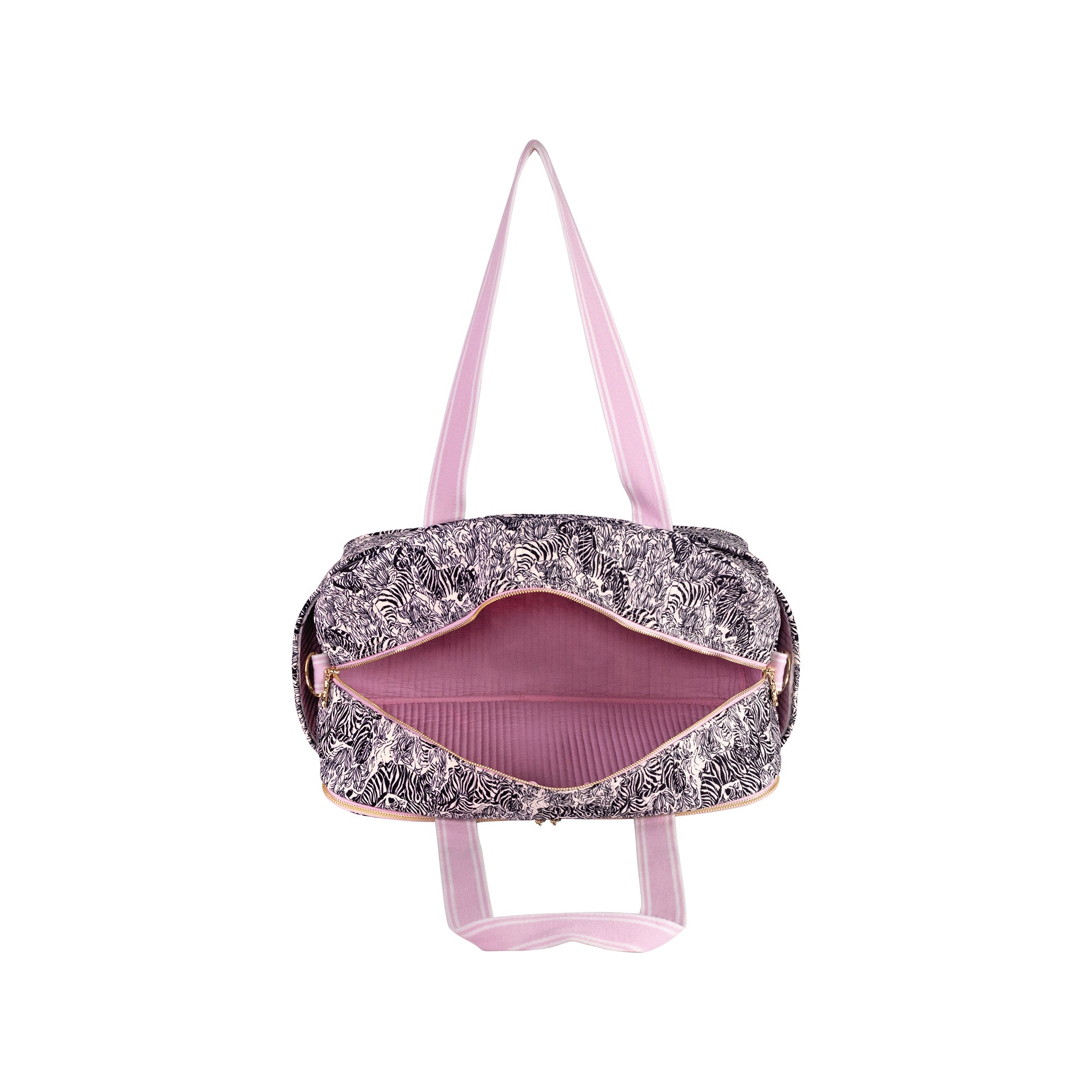 A duffel bag with a black and white abstract patterned exterior, a pink interior lining, and light pink straps, shown against a plain white background.