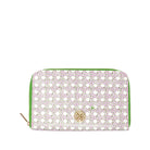 A zip-around wallet featuring a white and light purple geometric monogram pattern, a green zipper trim, and a gold-tone circular logo medallion on the front.