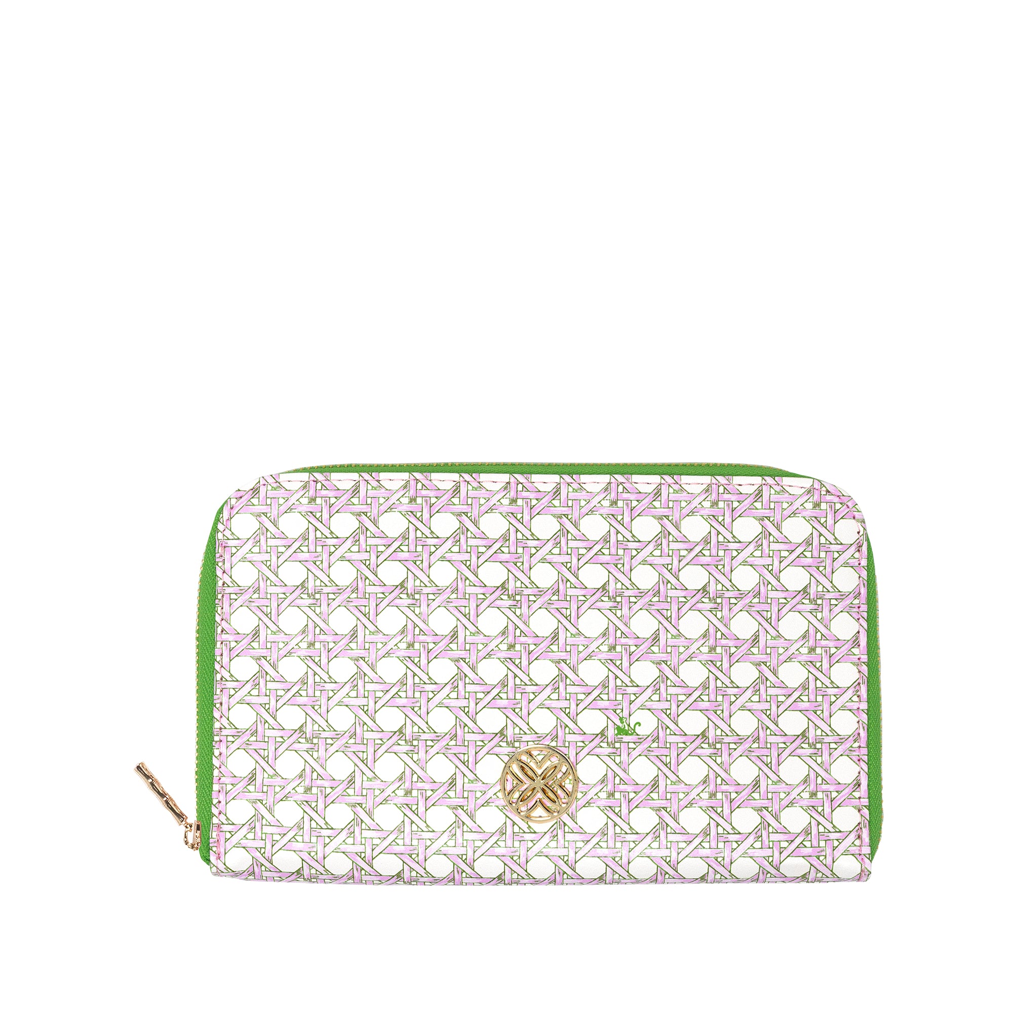 A zip-around wallet featuring a white and light purple geometric monogram pattern, a green zipper trim, and a gold-tone circular logo medallion on the front.