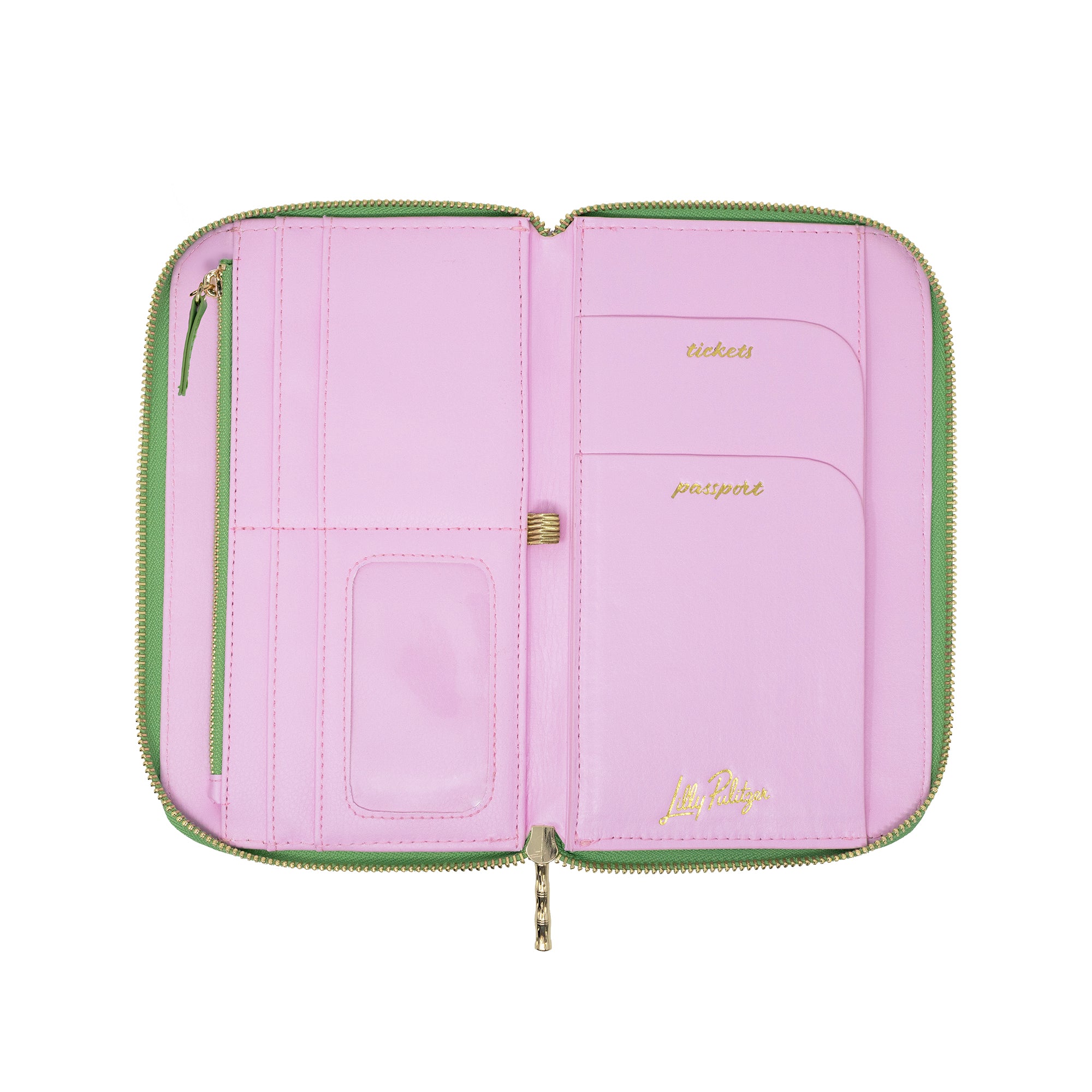 A pink zip-around wallet shown open, featuring light green zipper trim, interior card slots, a clear ID window, and gold lettering including 'ticket', 'passport', and a signature logo.