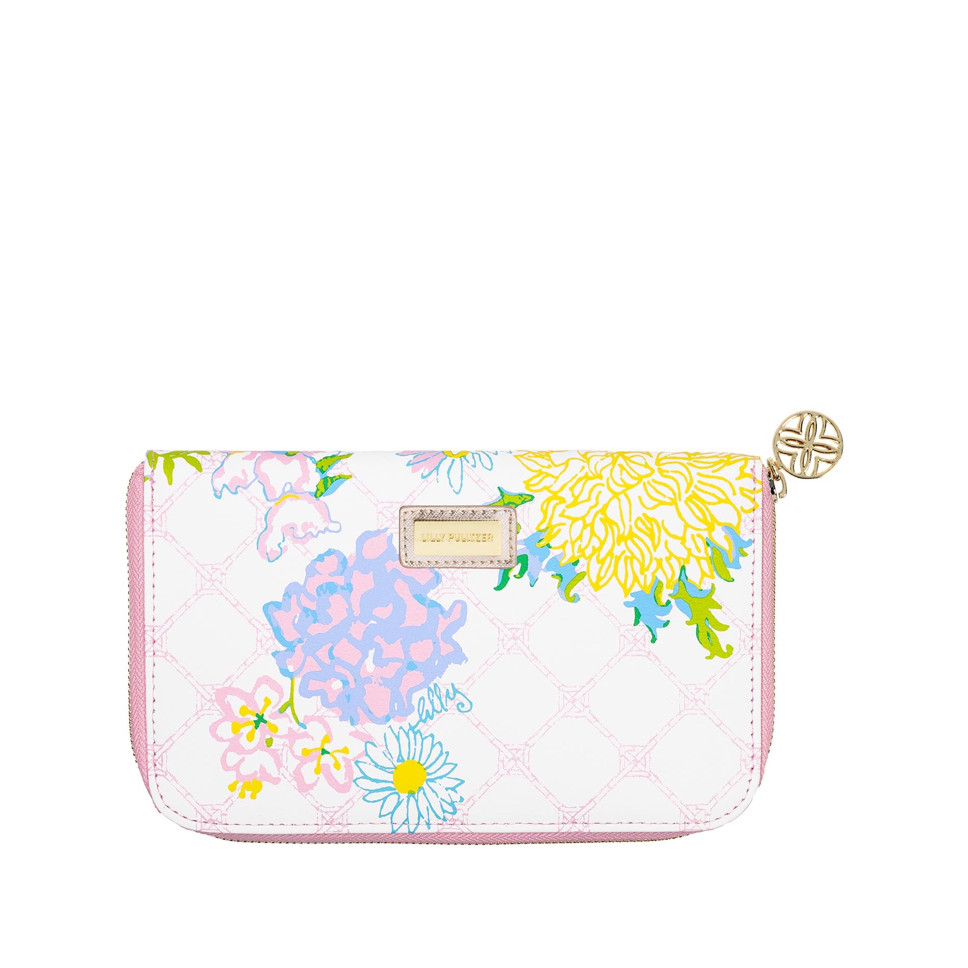 Floral-patterned travel wallet on a white background