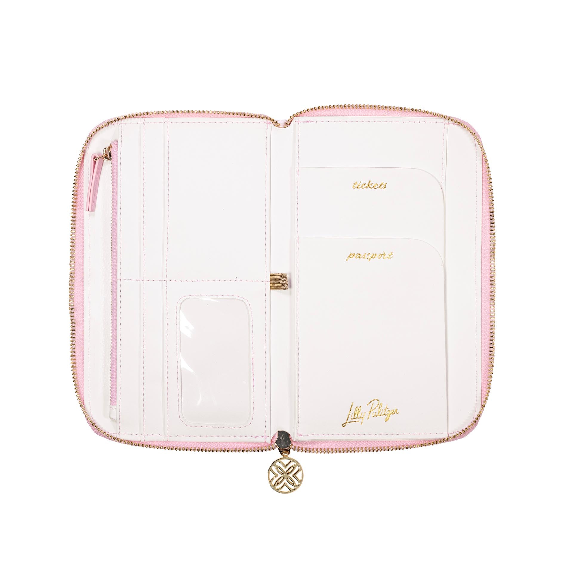 Pink and white travel organizer with gold accents on a white background