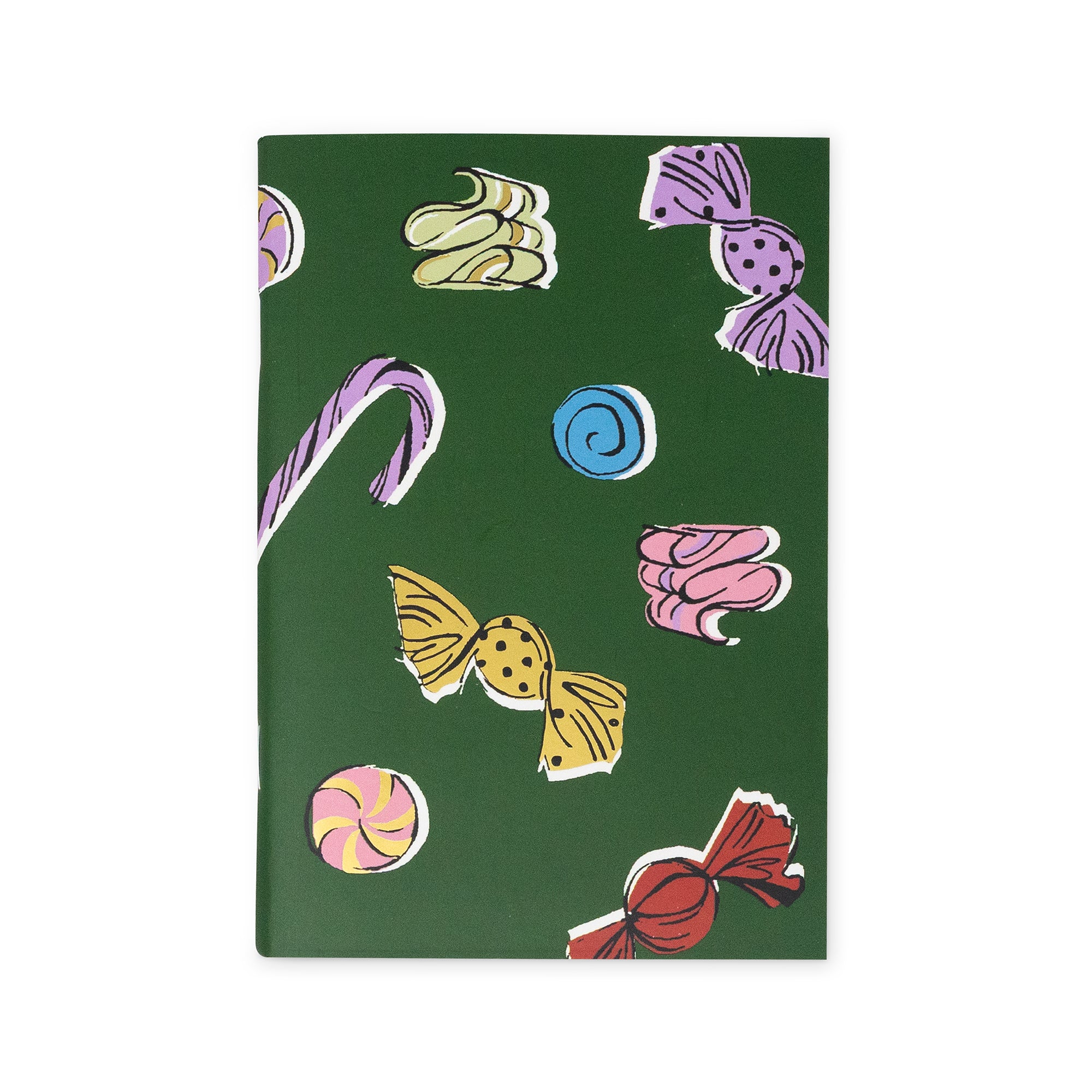 A dark green notebook or journal featuring a whimsical pattern of illustrated candies and sweets in pink, purple, yellow, blue, and red, shown against a plain white background.