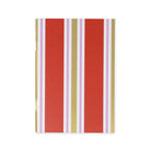 A rectangular notebook or journal with a vertical striped cover pattern featuring red, gold, white, and light purple stripes, shown on a plain white background.