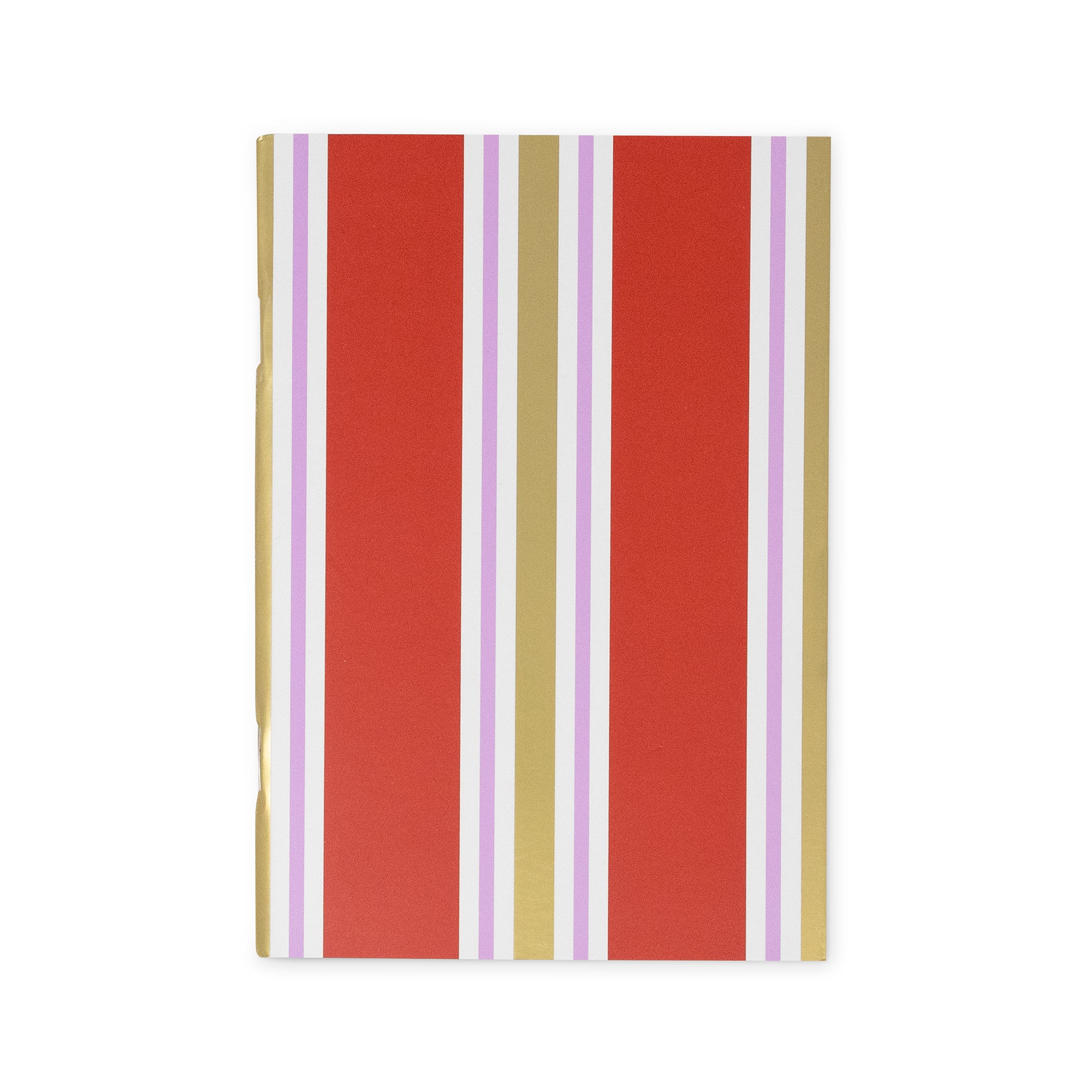 A rectangular notebook or journal with a vertical striped cover pattern featuring red, gold, white, and light purple stripes, shown on a plain white background.
