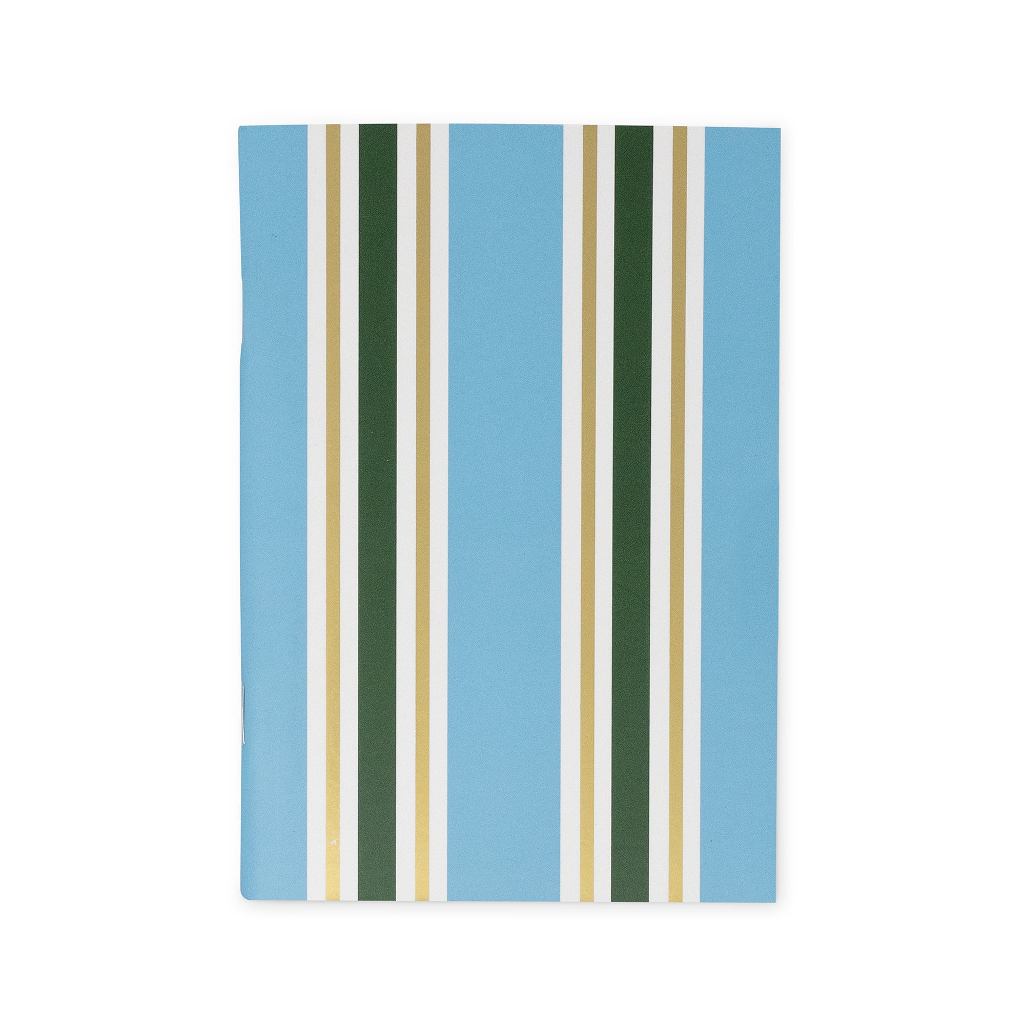 A notebook with a light blue cover featuring vertical stripes in dark green, white, and gold, shown against a plain white background.