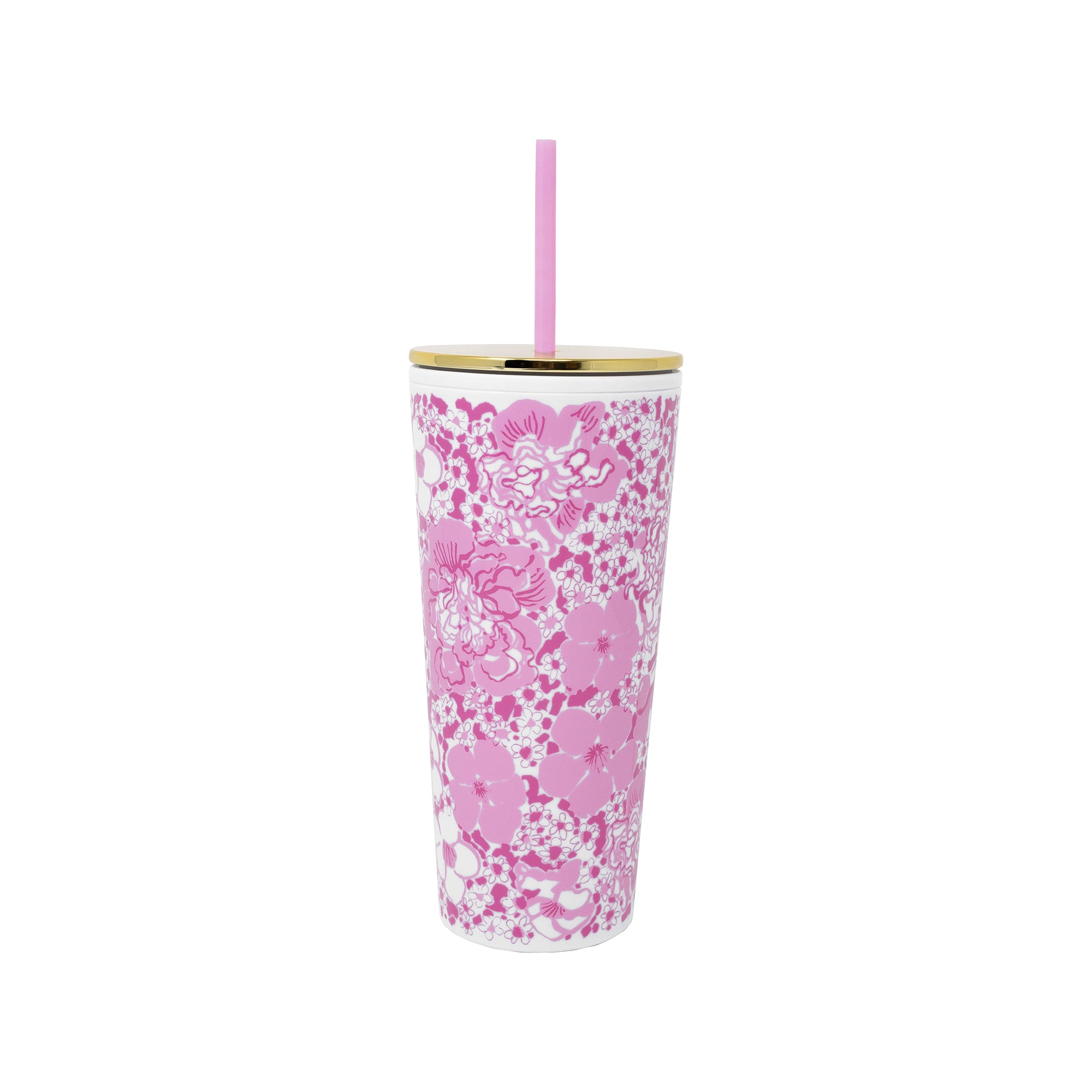 Pink floral-patterned tumbler with a straw on a white background