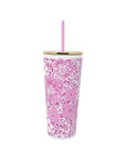 Pink floral-patterned tumbler with a straw on a white background