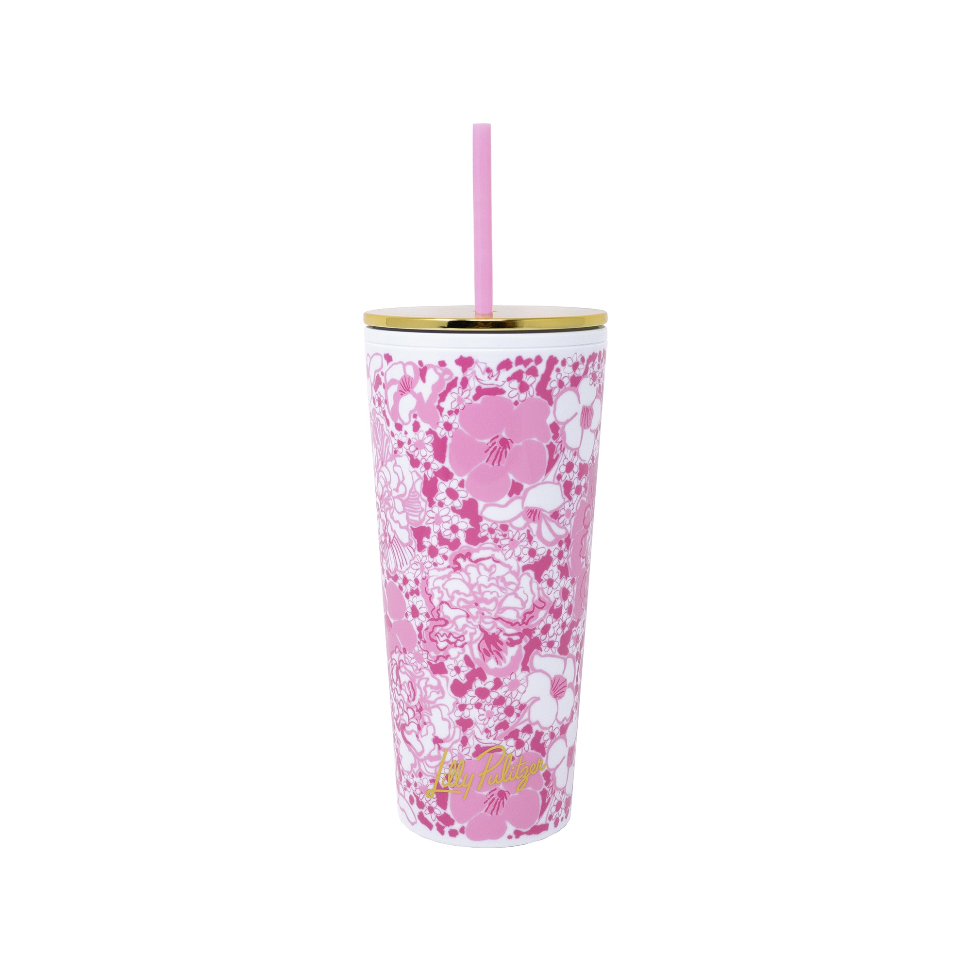 Pink floral-patterned tumbler with straw on a white background