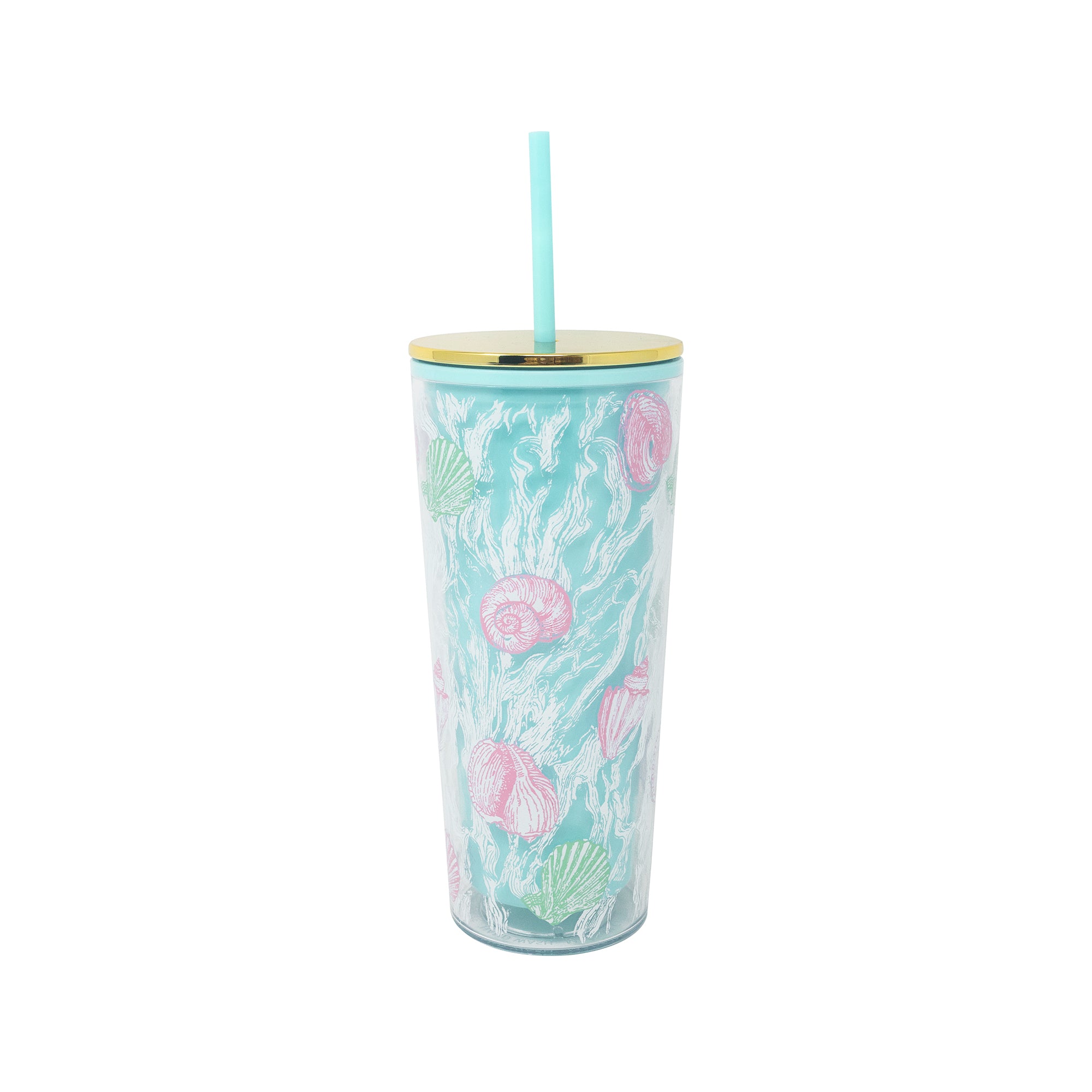 Tumbler with floral design and straw on a white background