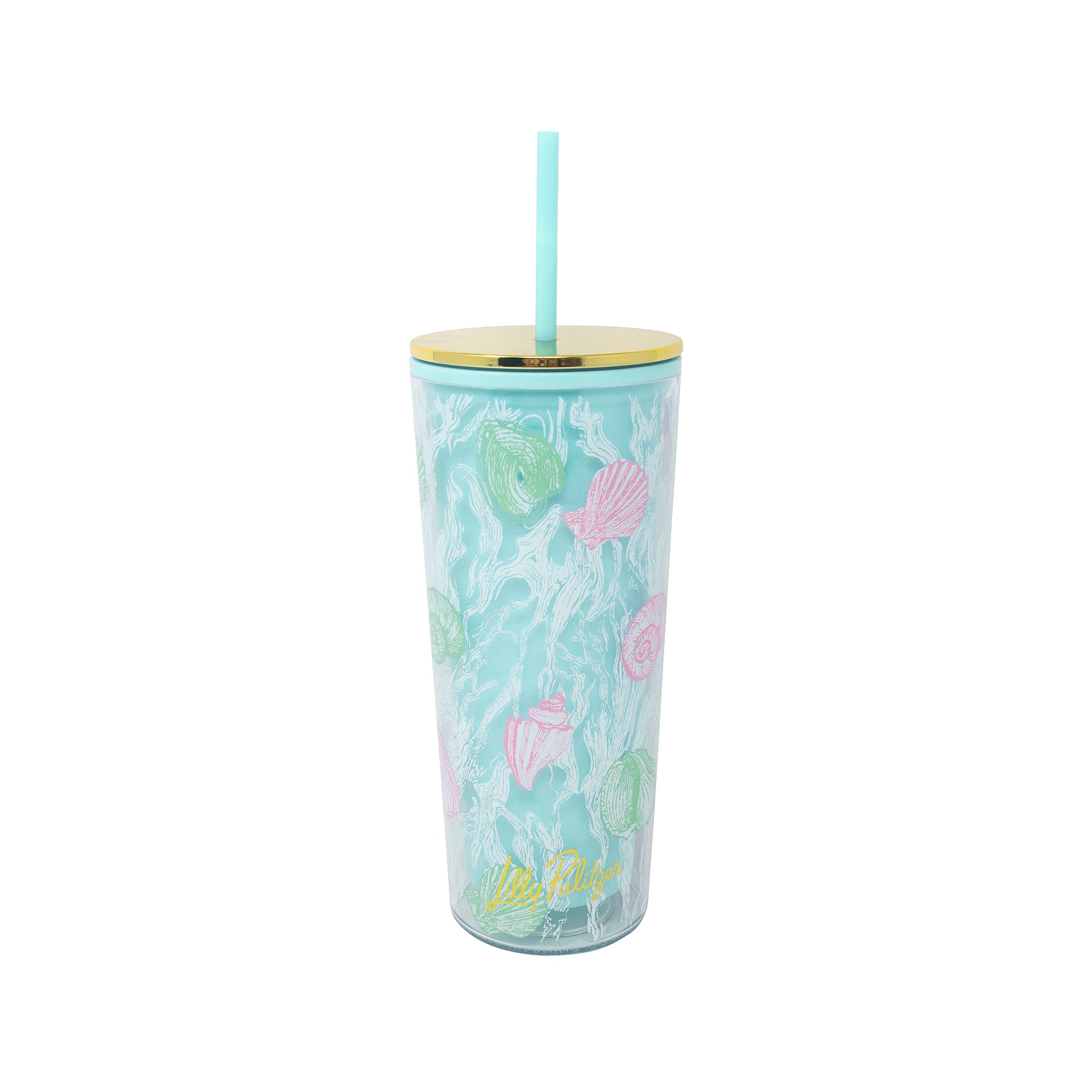 Tumbler with floral design and straw on a white background