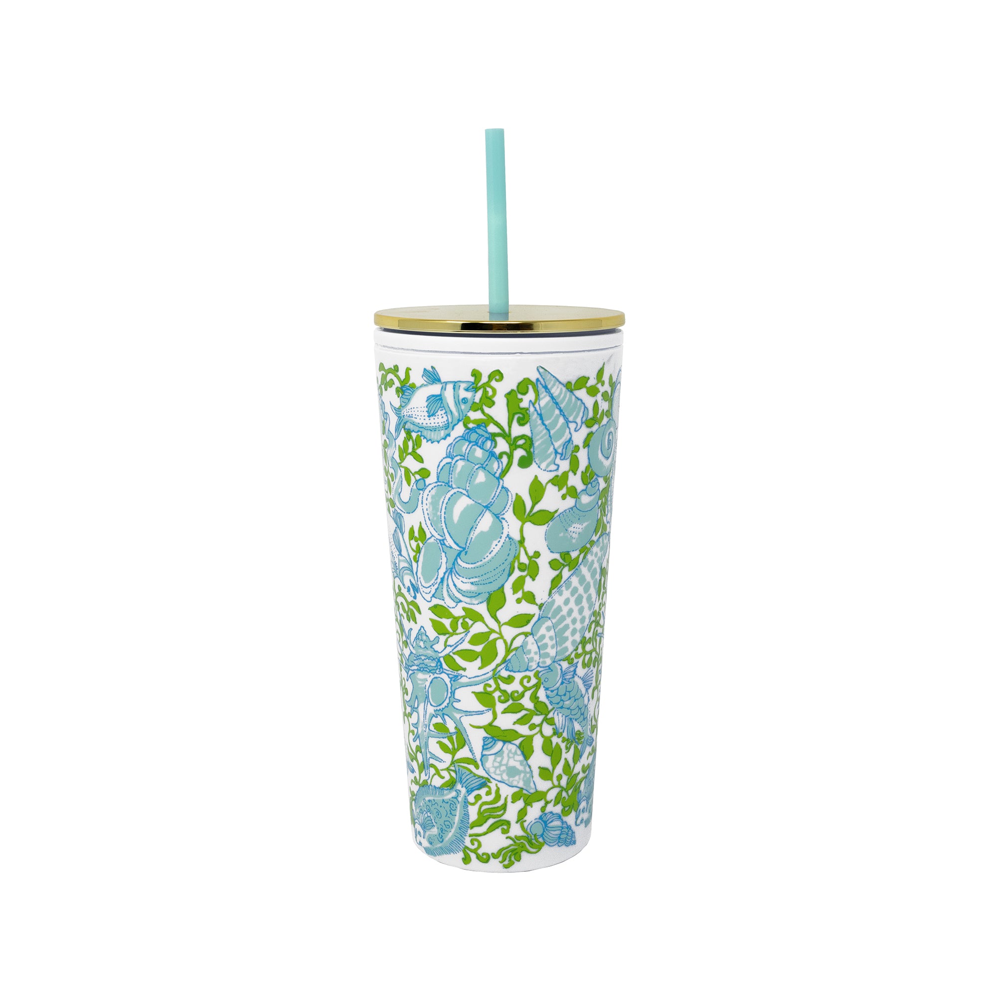 Tumbler with floral design and straw on a white background